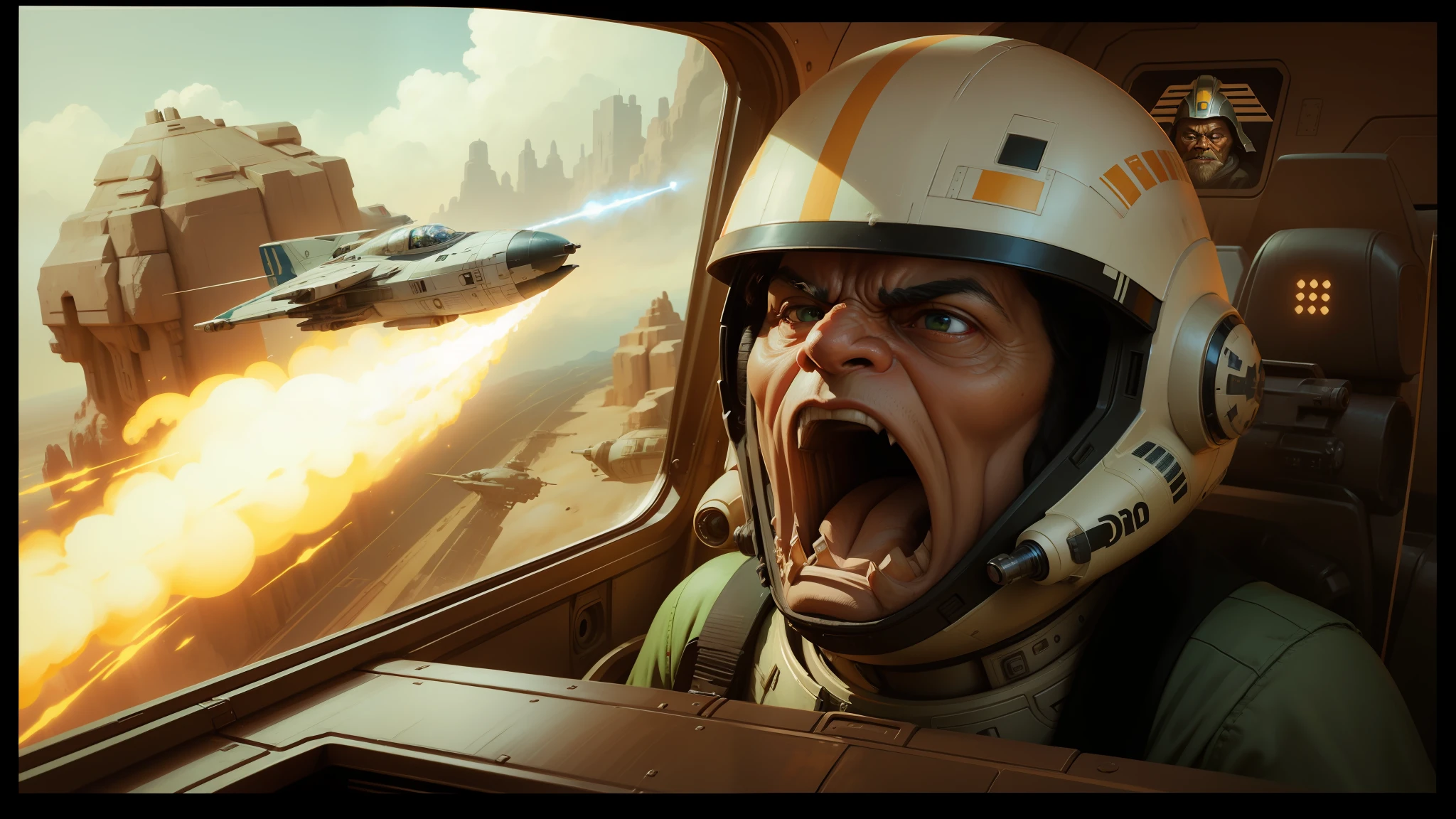 arafed looking man in a space suit with a rocket in the background, yoda fantasy art portrait, car chase, by François Boquet, anamorphic illustration, an angry expression, great character design, wearing winged helmet, wes anderson film screenshot, racers, scarab, inspired by Thomas Blackshear, charli bowater and artgeem, shouting, starwars --ar 16:9 --auto --s2