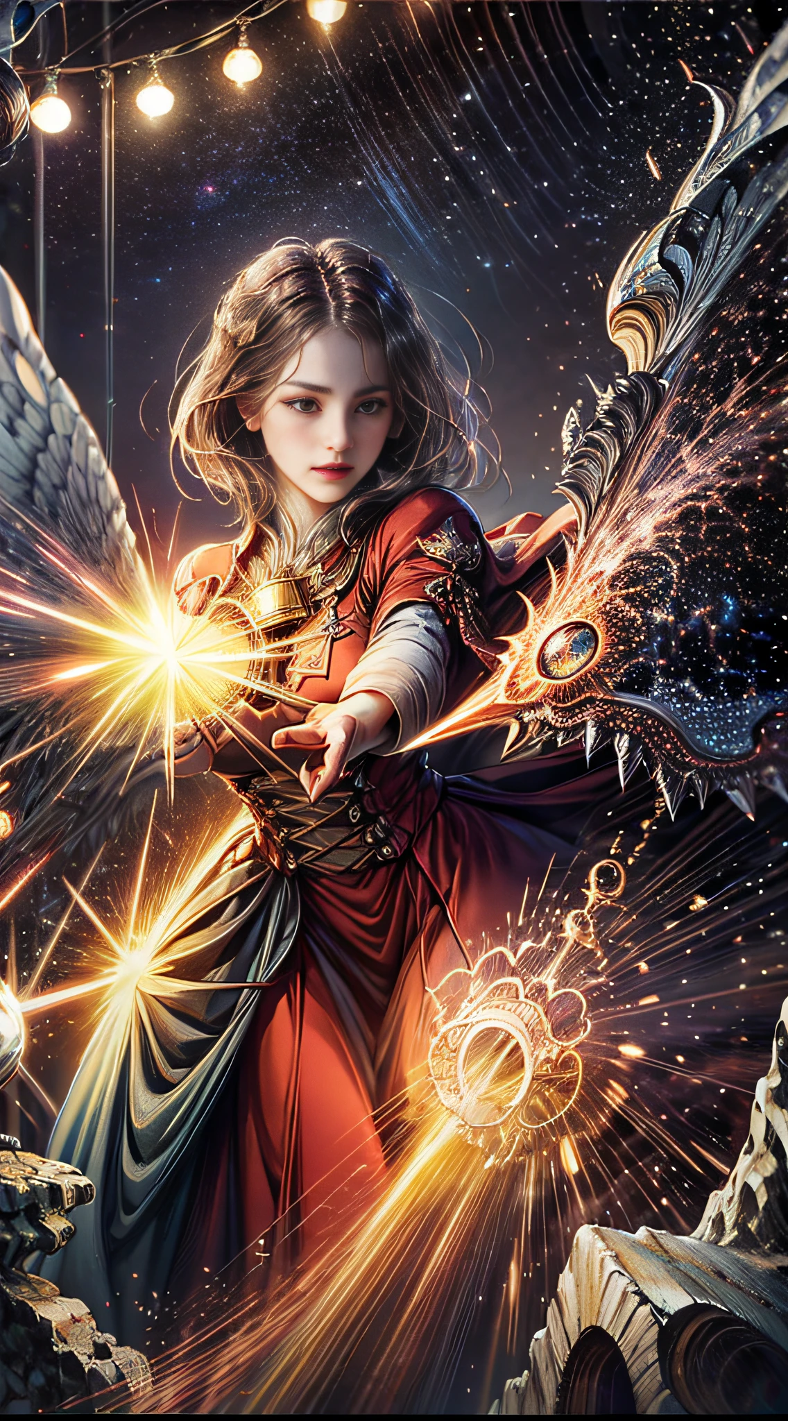 Close up Phoenix woman dynamic fractals in hyper detailed movements, flames, lights, nebulae, space background, ray lights, ray tracing, ultra sharp, ultra realistic, ultra sharp, explosion lens, canon 6D MARK III, ISO 100, f/7.5, 1/2000s, hyper realistic photography, --ar 9:16 --style raw 50 --s 2