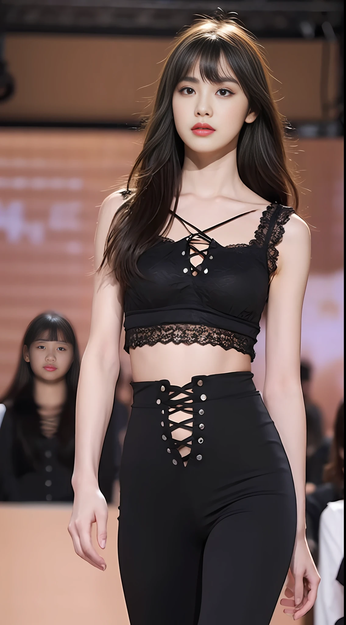 Realistic, realistic, warm tones, noise shift, 1 girl, upper body, straight, (looking at the audience), medium breasts, collarbone, black (front lace-up top), eye shadow, parted lips, (1_pureerosface_v1:0.3), slender waistline, bangs hairstyle, background, catwalk model, slim figure Full body photo, black leggings underneath, big breasts