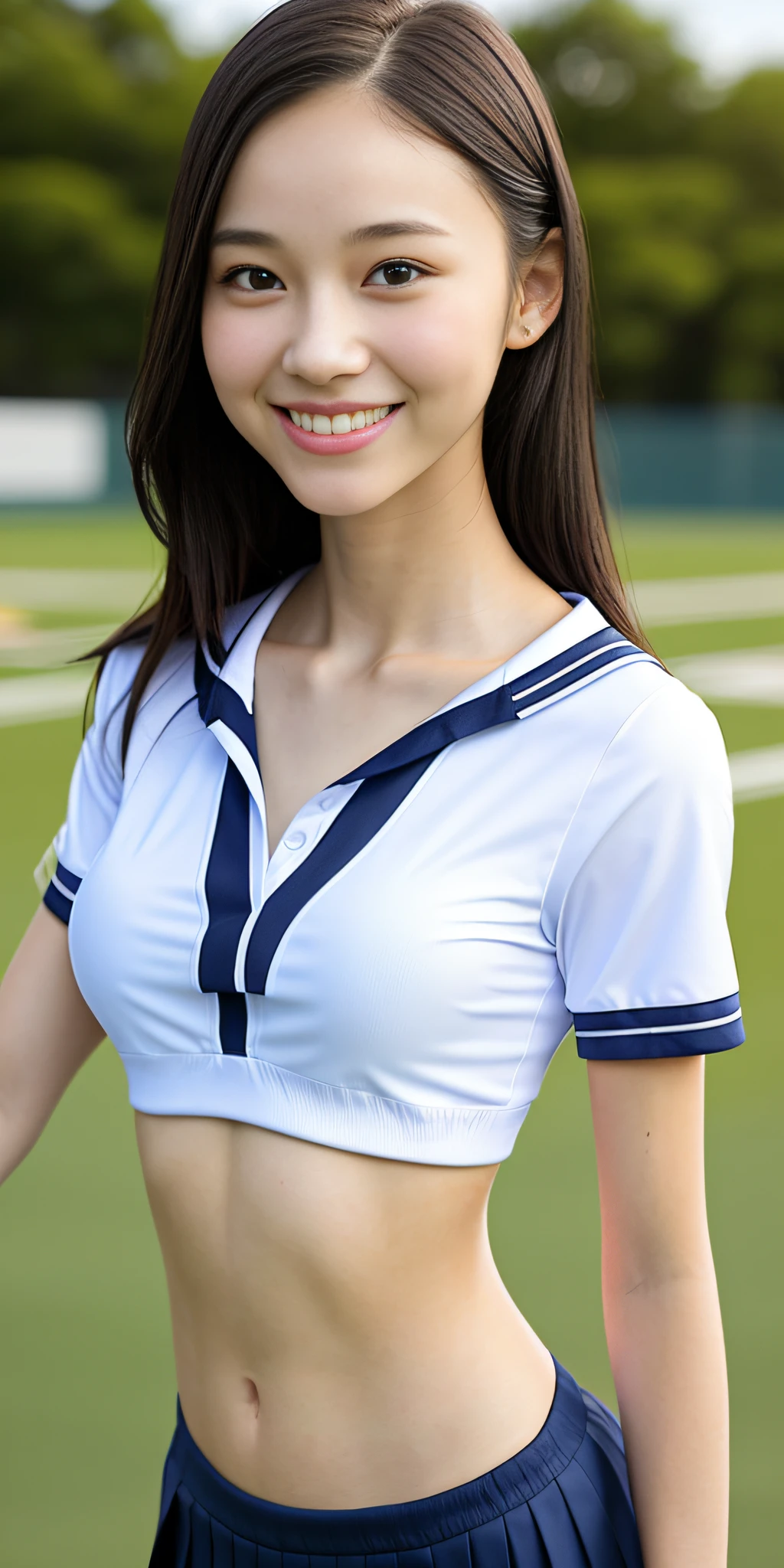 neat college girl, petite person, (school uniform, summer clothes, short sleeves), outside the athletics field, (slim), photorealistic, detail, skin texture, ultra detail, delicate and sexy collarbone, smile, super detailed face, detailed lips, detailed eyes, double eyelids, breast enhancement, navel