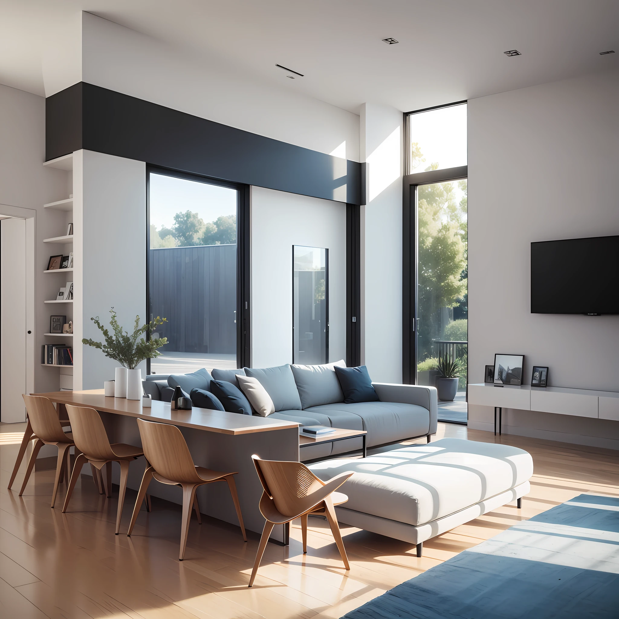a rendering of a minimalist house, contemporary house, modern house, architectural render, realistic architecture, architectural visualization,, modern house, architecture render, award-winning render, architecture visualization, overall architectural design, high quality rendering, architectural 3 d render, interdimensional floor plan, architectural rendering, ultra modern, professional render, daylight, sunlight, realistic view, a view of a living room, same room different perspective view, four different perspective, same furniture perspective views --auto --s2