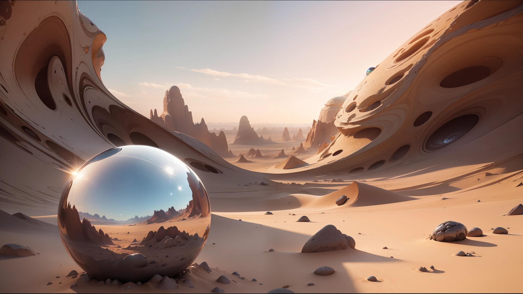 there is a sphere that is sitting in the middle of a desert, behance. polished, cinema 4 d art, cymatics, by Victor Wang, mystical fantasy landscape, reflected chrome, inspired by George Paul Chalmers, sharp focus 8k, anamorphic, bubbly scenery, by Kieran Yanner --auto --s2