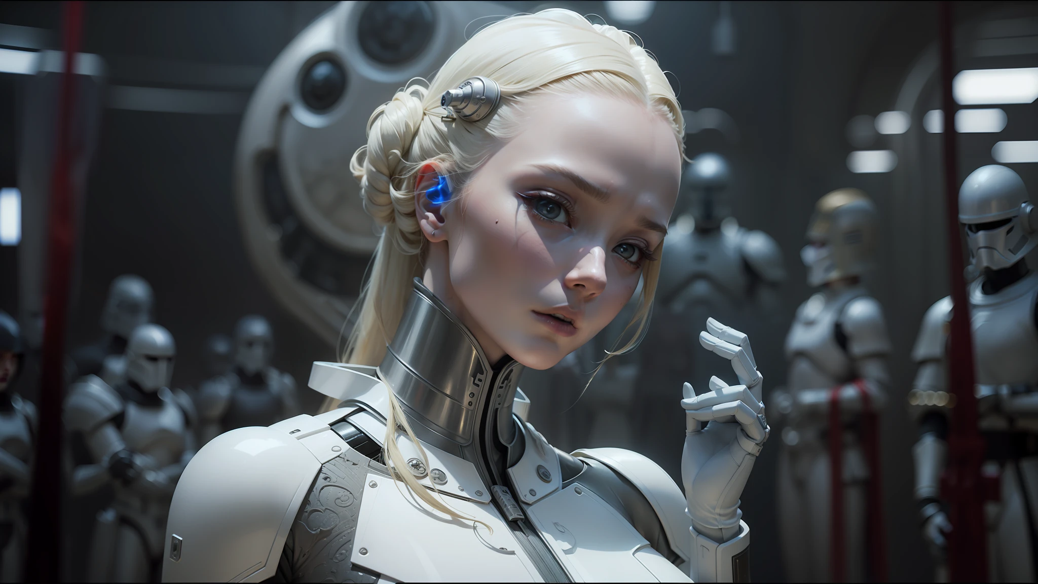 blond woman in futuristic suit holding sword in front of a large group of white robots, die antwoord music video, inspired by James C. Christensen, white porcelain skin, film still from star wars, by Władysław Podkowiński, alex grey and romero ressendi, charlize, screengrab, wuxia --ar 16:9 --auto --s2