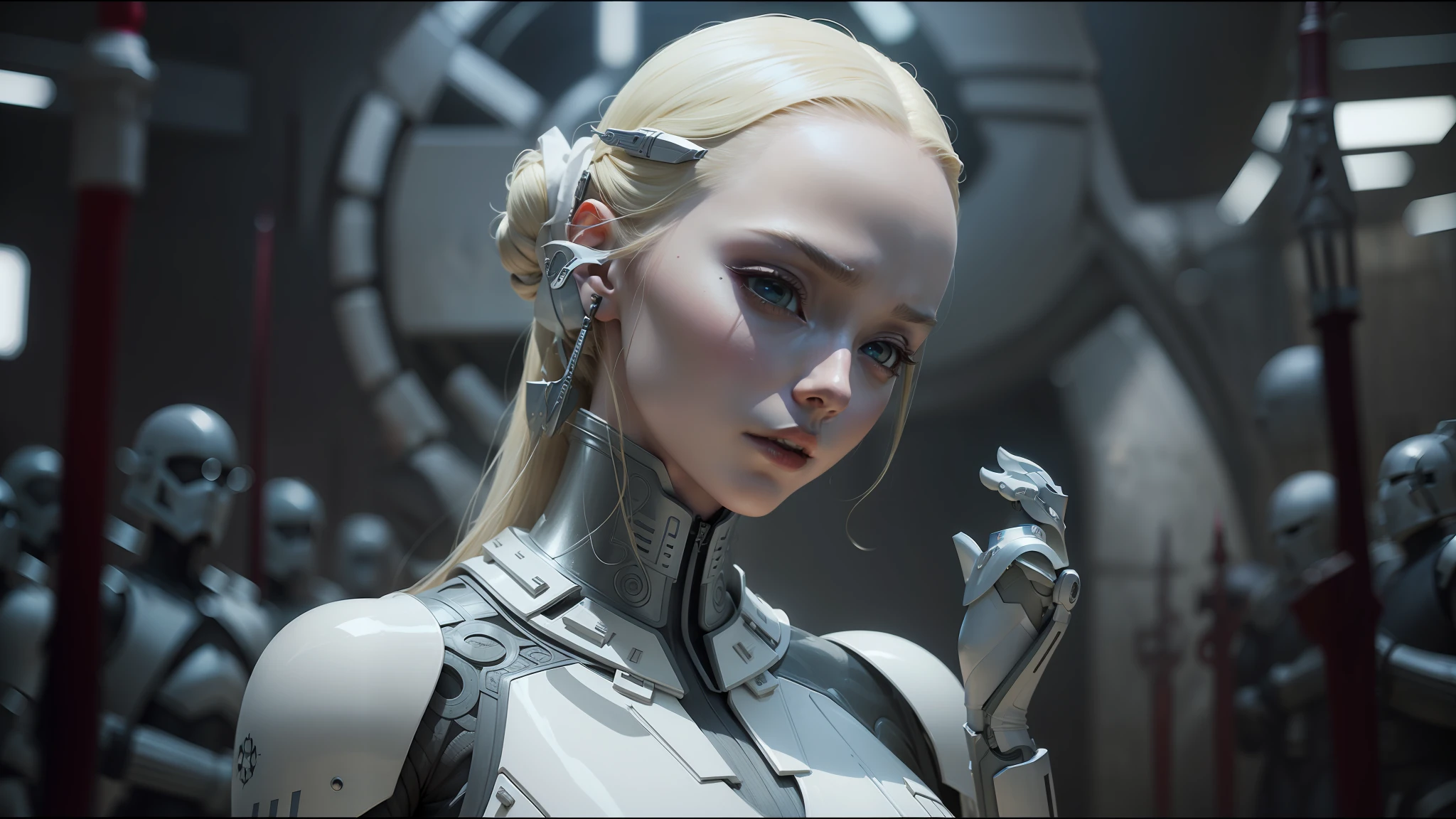 blond woman in futuristic suit holding sword in front of a large group of white robots, die antwoord music video, inspired by James C. Christensen, white porcelain skin, film still from star wars, by Władysław Podkowiński, alex grey and romero ressendi, charlize, screengrab, wuxia --ar 16:9 --auto --s2