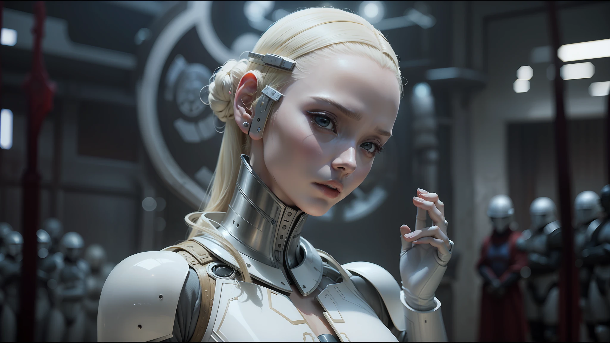 blond woman in futuristic suit holding sword in front of a large group of white robots, die antwoord music video, inspired by James C. Christensen, white porcelain skin, film still from star wars, by Władysław Podkowiński, alex grey and romero ressendi, charlize, screengrab, wuxia --ar 16:9 --auto --s2