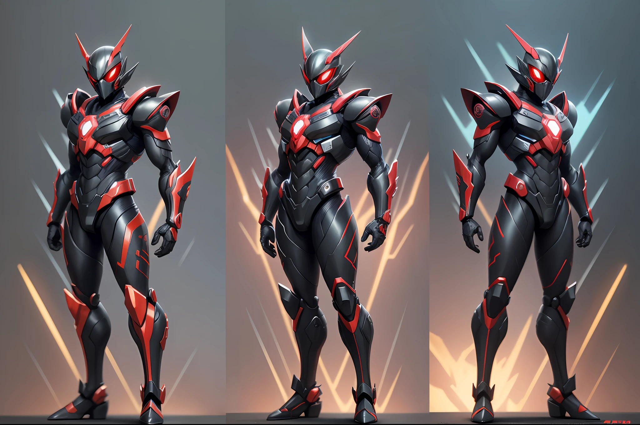 Kamen Rider Gatack + Kamen Rider Guyver black red character design, full body, legs, full body, concept art, high details, maximum details, 8k, 36k, realistic, photorealistic, HDR, highly detailed --auto --s2