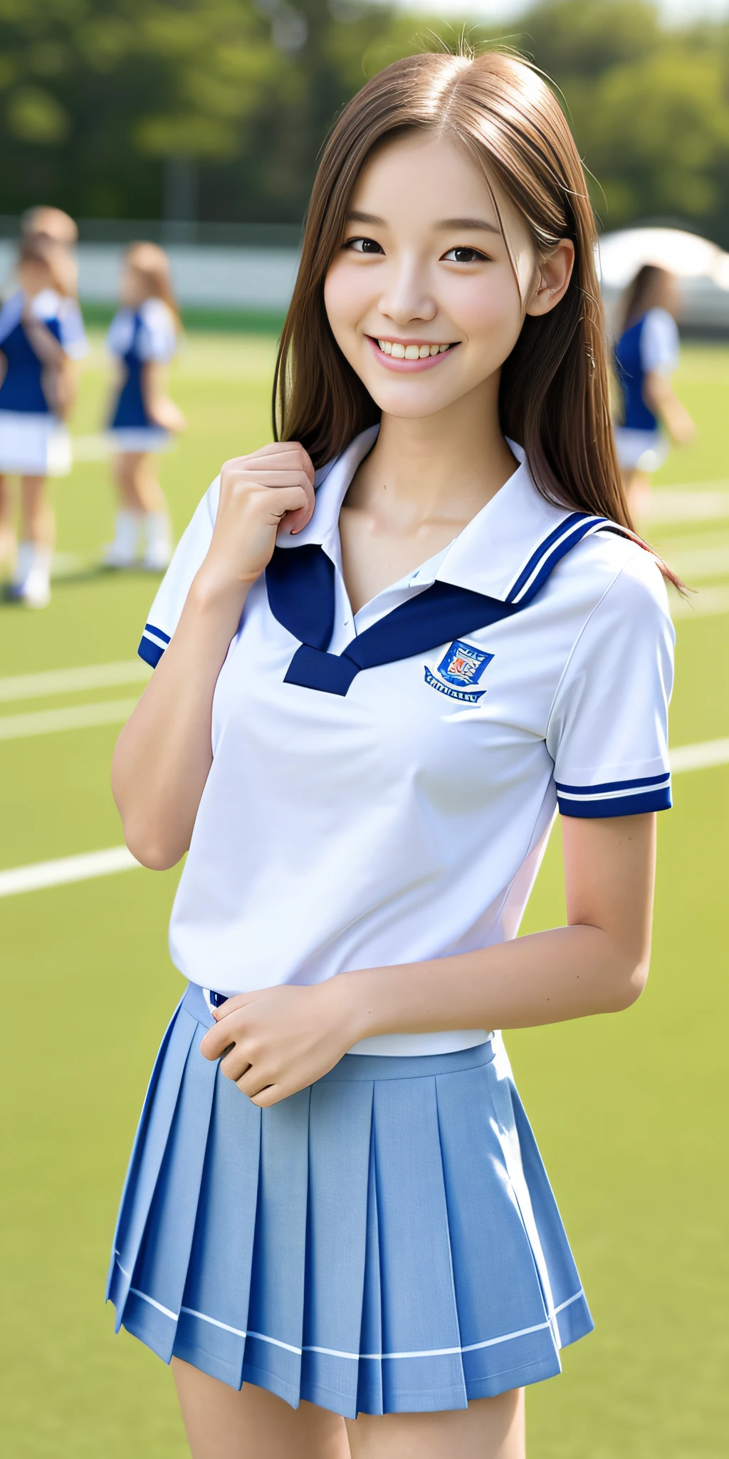 neat college girl, petite, (school uniform, summer uniform, short sleeve), outside the athletic field, (slim), photorealistic, detail, skin texture, ultra detail, delicate and sexy collarbone, smile, super detailed face, detailed lips, detailed eyes, double eyelids, breast enhancement, copulation