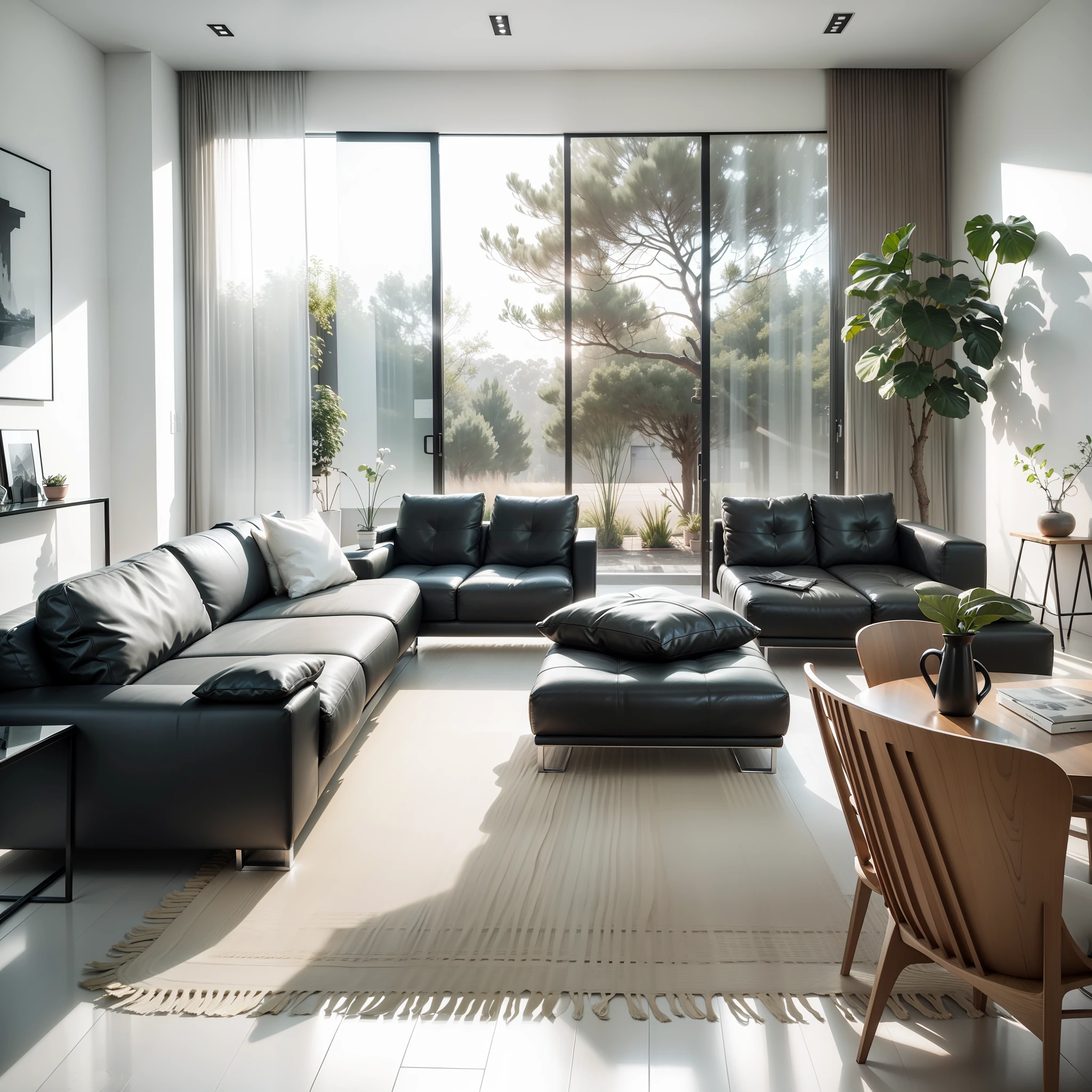 a rendering of a minimalist house, contemporary house, modern house, architectural render, realistic architecture, architectural visualization,, modern house, architecture render, award-winning render, architecture visualization, overall architectural design, high quality rendering, architectural 3 d render, interdimensional floor plan, architectural rendering, ultra modern, professional render, daylight, sunlight, realistic view, a view of a living room, a living room with a couch, chairs, and a table, modernist interior, minimalist style, modern style, contemporary aesthetic --auto --s2
