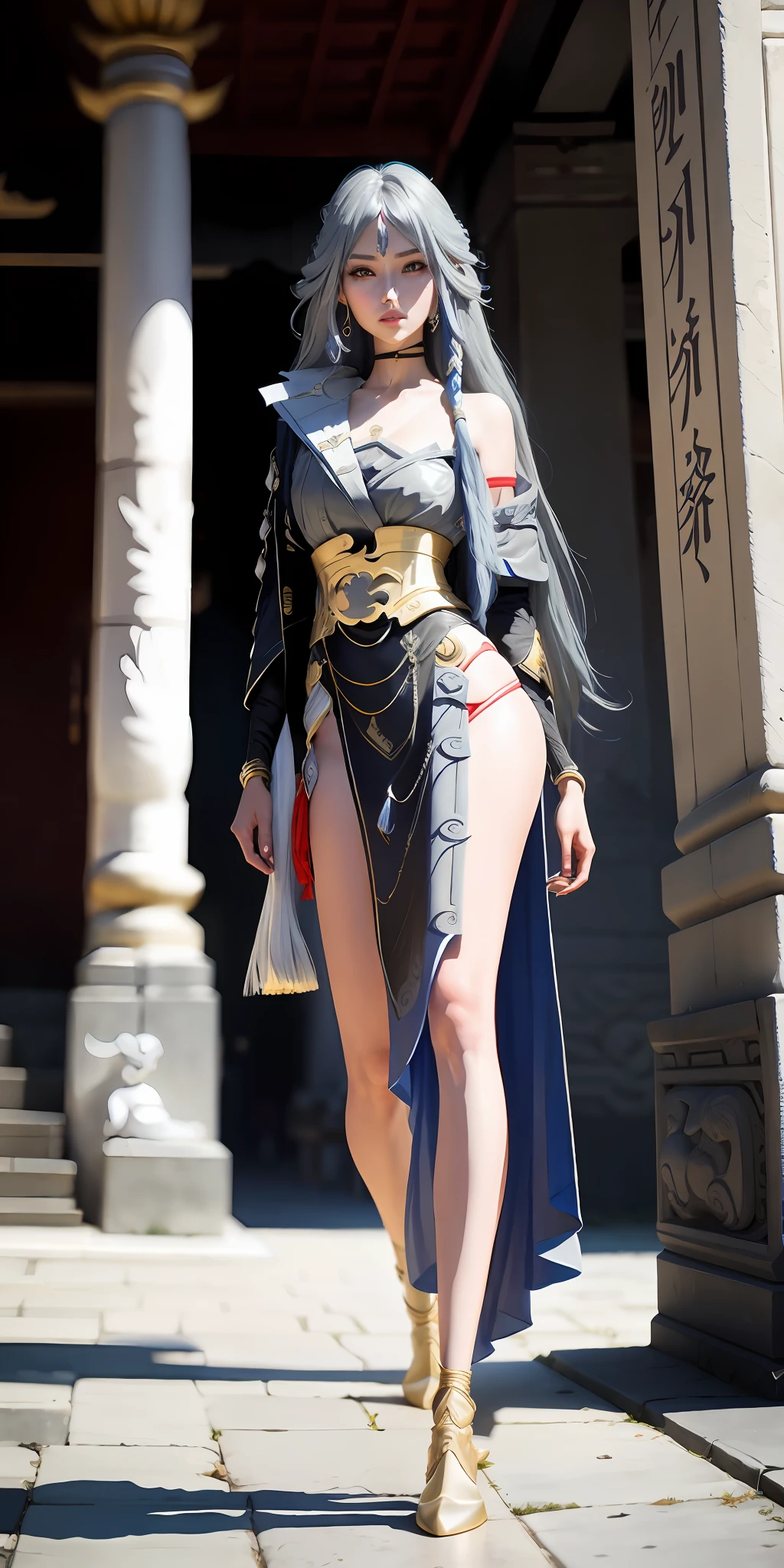 Tall beautiful woman with long bluish gray hair in a temple