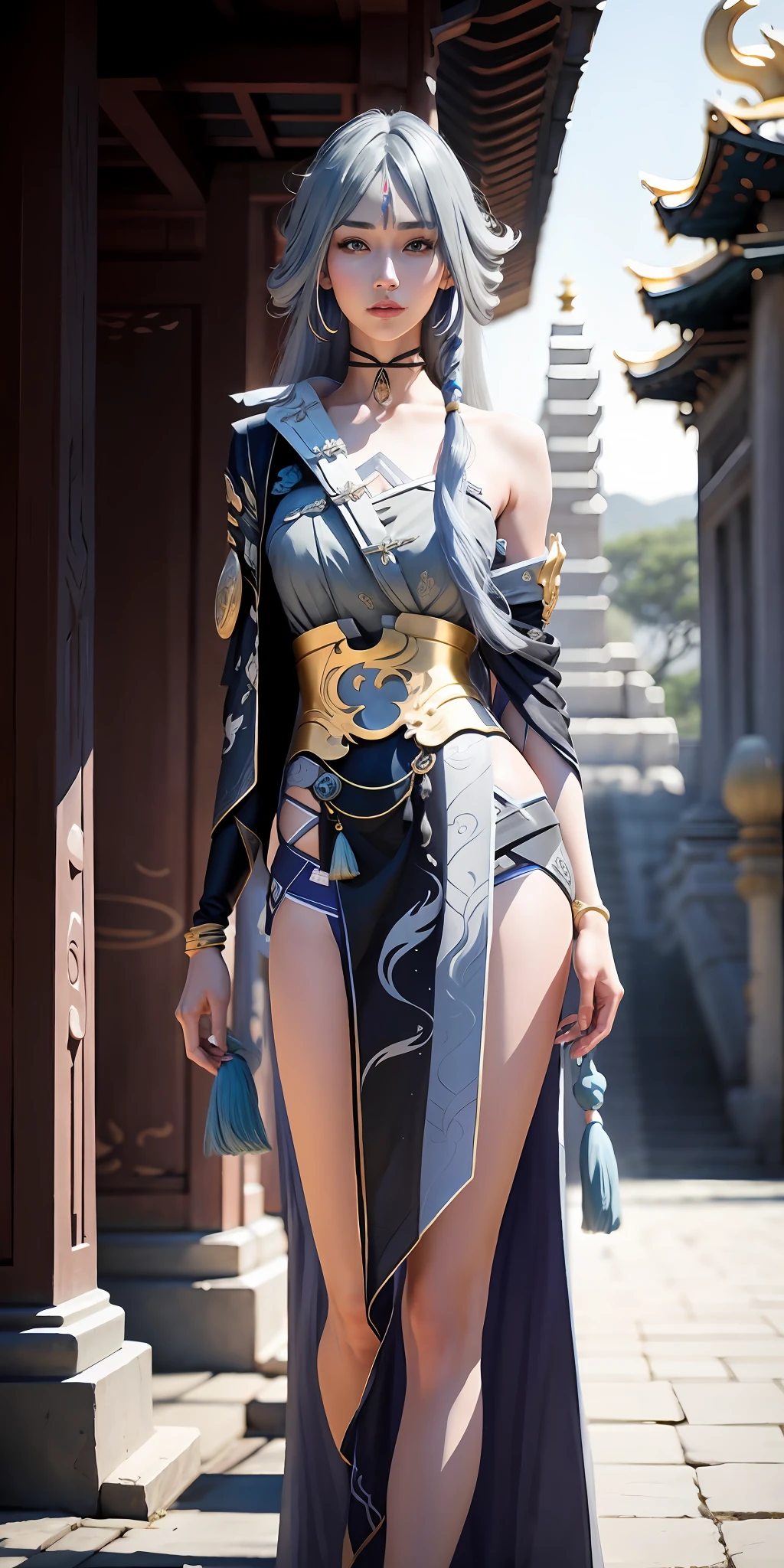 Tall beautiful woman with long bluish gray hair in a temple