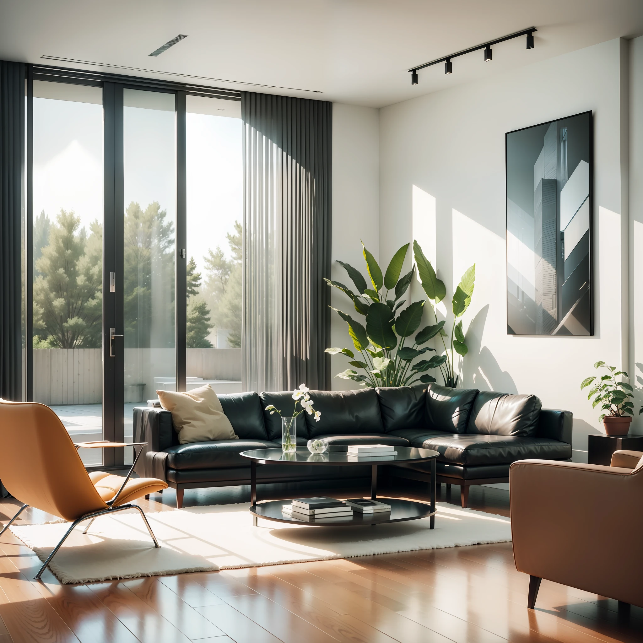 a rendering of a minimalist house, contemporary house, modern house, architectural render, realistic architecture, architectural visualization,, modern house, architecture render, award-winning render, architecture visualization, overall architectural design, high quality rendering, architectural 3 d render, interdimensional floor plan, architectural rendering, ultra modern, professional render, daylight, sunlight, realistic view, a view of a living room, a living room with a couch, chairs, and a table, modernist interior, minimalist style, modern style, contemporary aesthetic --auto --s2