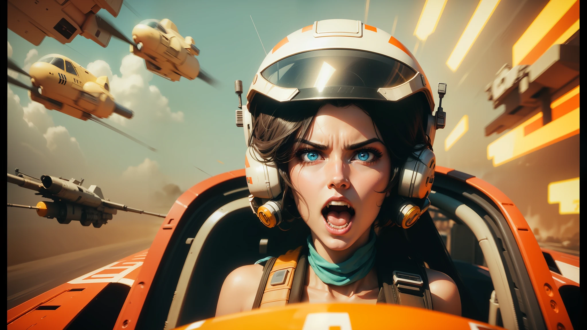there is a woman in a helmet driving a car with a bunch of guns, 8k stunning artwork, madmax, jessica nigri face!!, movie screenshot from star wars, rollercoaster, rankin, by Loic Zimmerman, hyper cute, widescreen, jet fighters, 1960s technicolor, voge photo, motion graphics, speeder, gulf --ar 16:9 --auto --s2