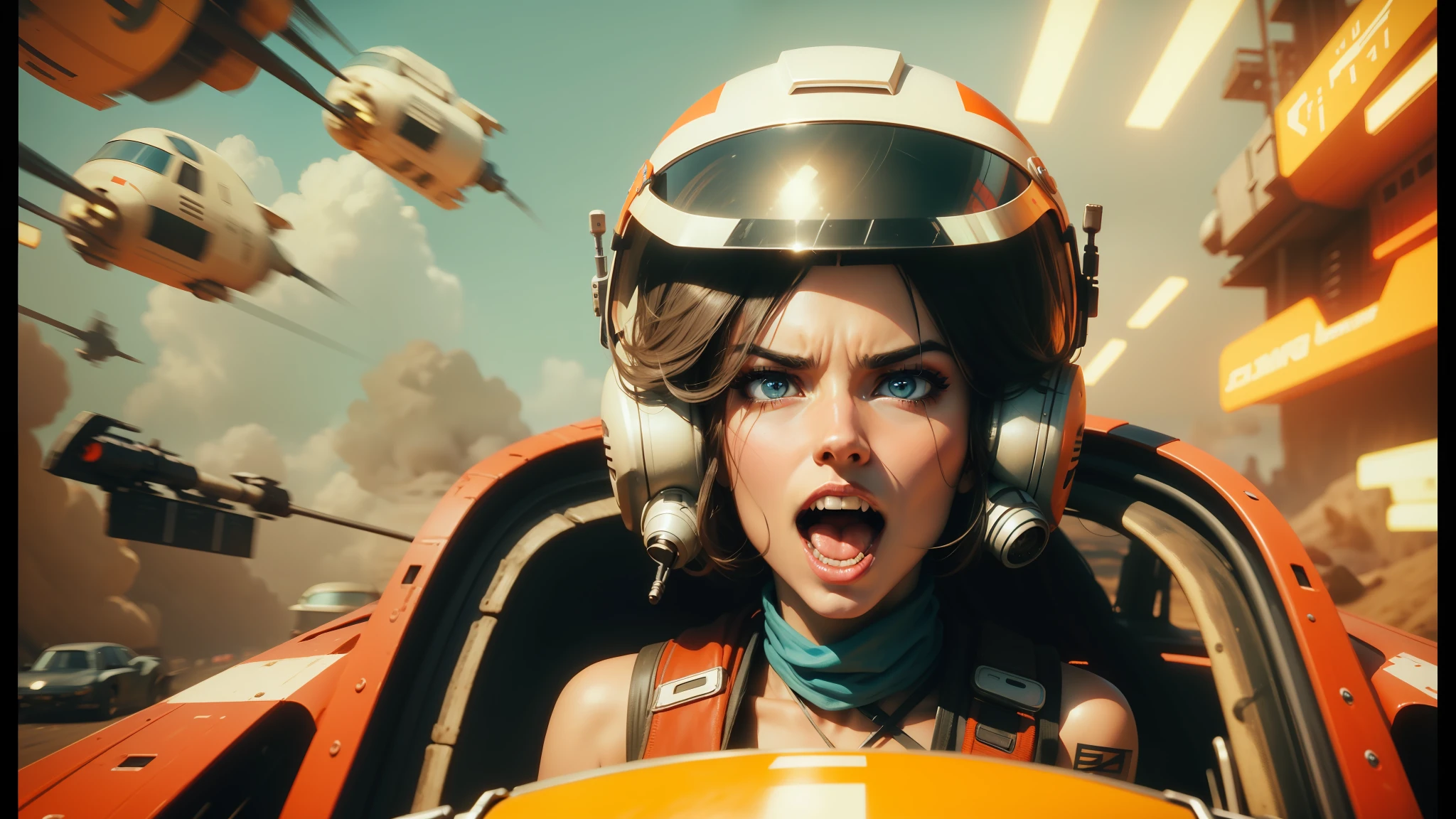 there is a woman in a helmet driving a car with a bunch of guns, 8k stunning artwork, madmax, jessica nigri face!!, movie screenshot from star wars, rollercoaster, rankin, by Loic Zimmerman, hyper cute, widescreen, jet fighters, 1960s technicolor, voge photo, motion graphics, speeder, gulf --ar 16:9 --auto --s2