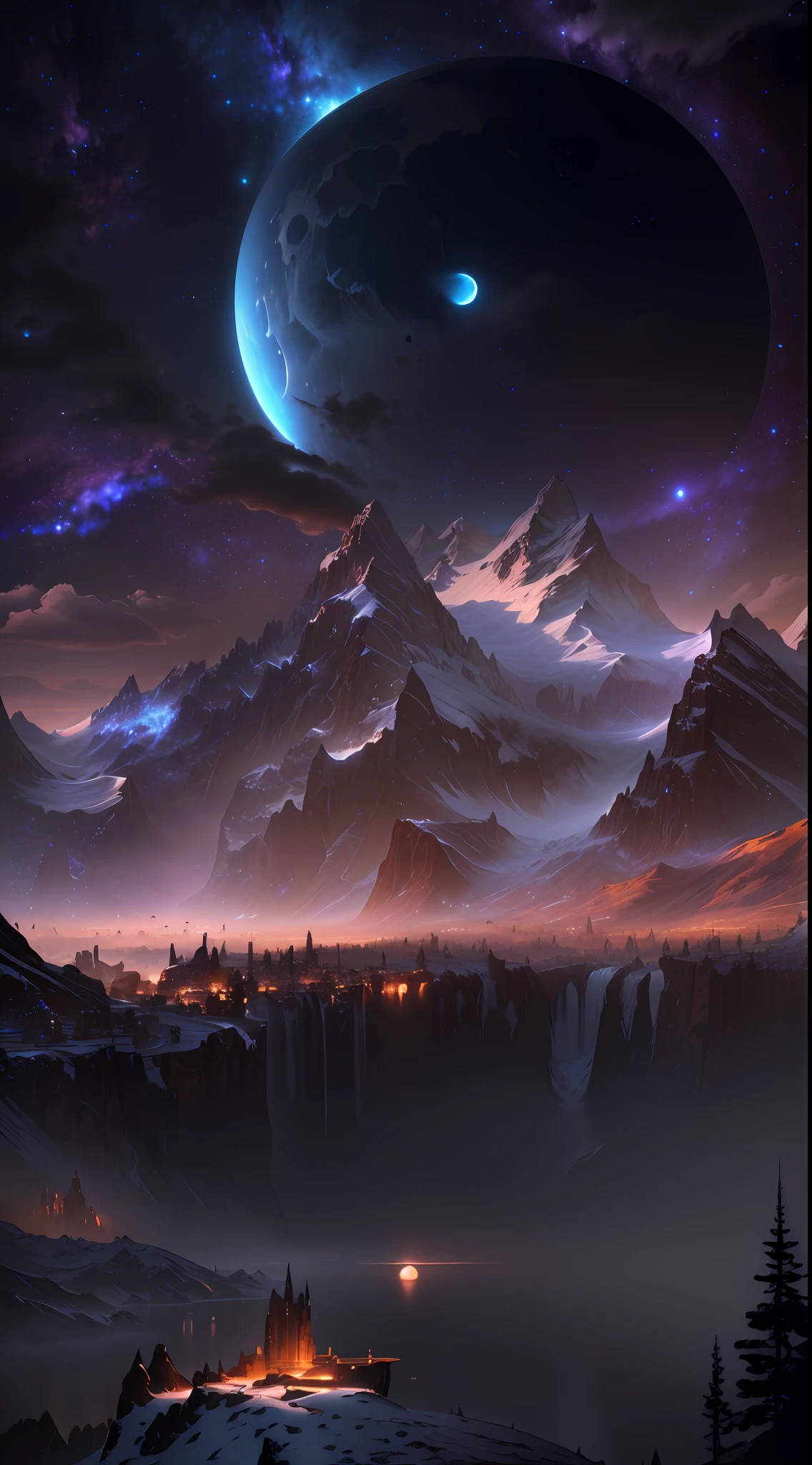 mountains and a lake with a moon in the sky, 4k highly detailed digital art, 4 k hd wallpaper very detailed, impressive fantasy landscape, sci-fi fantasy desktop wallpaper, unreal engine 4k wallpaper, 4k detailed digital art, sci-fi fantasy wallpaper, epic dreamlike fantasy landscape, 4k hd matte digital painting, 8k stunning artwork