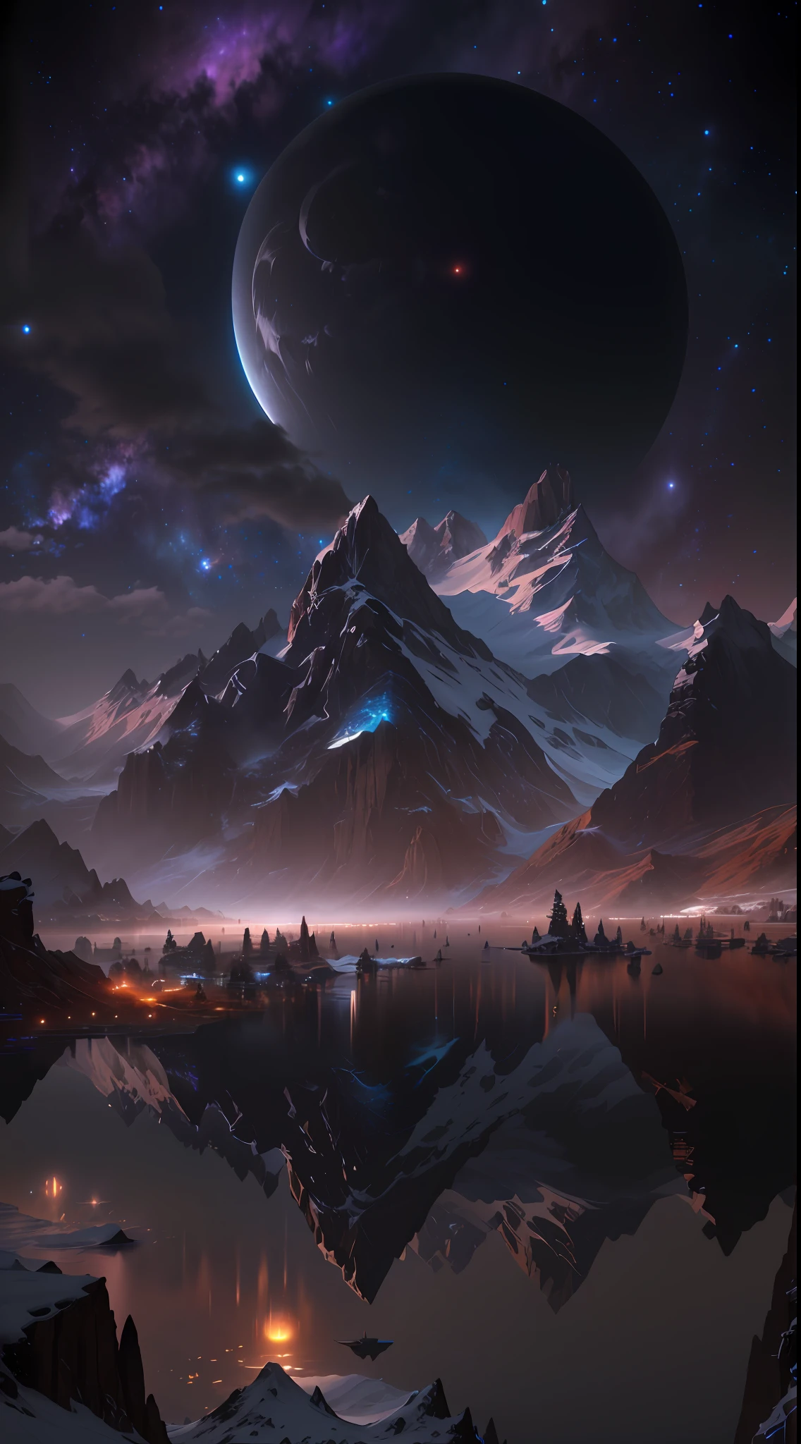 mountains and a lake with a moon in the sky, 4k highly detailed digital art, 4 k hd wallpaper very detailed, impressive fantasy landscape, sci-fi fantasy desktop wallpaper, unreal engine 4k wallpaper, 4k detailed digital art, sci-fi fantasy wallpaper, epic dreamlike fantasy landscape, 4k hd matte digital painting, 8k stunning artwork