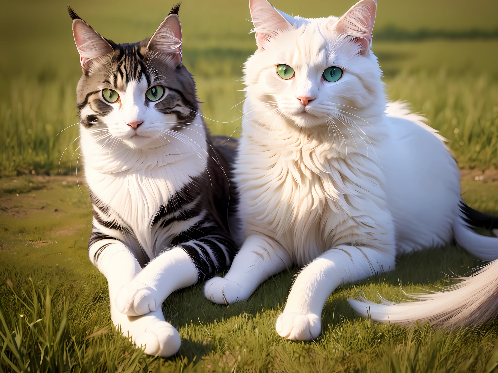 1cat, Maine Coon, Coon Cat, Maine Shag, white cat, cat eyes, light blue eye, Heterochromatic, pupils in a meadow, sit, during the day, sitting on the prairie, long hair, beautiful detailed eyes, extremely detailed eyes and face, light on face, cute, best quality, masterpiece, illustration, an extremely delicate and beautiful, extremely detailed ,CG ,unity ,8k wallpaper, Amazing, finely detail, masterpiece, best quality, official art, extremely detailed CG unity 8k wallpaper, absurdres, incredibly absurdres, huge filesize, ultra-detailed, highres, extremely detailed, (best quality), (realistic, photo-realistic:1.2), 8k, soft lighting, high quality, official art, extremely detailed CG unity 8k wallpaper, cinematic lighting.