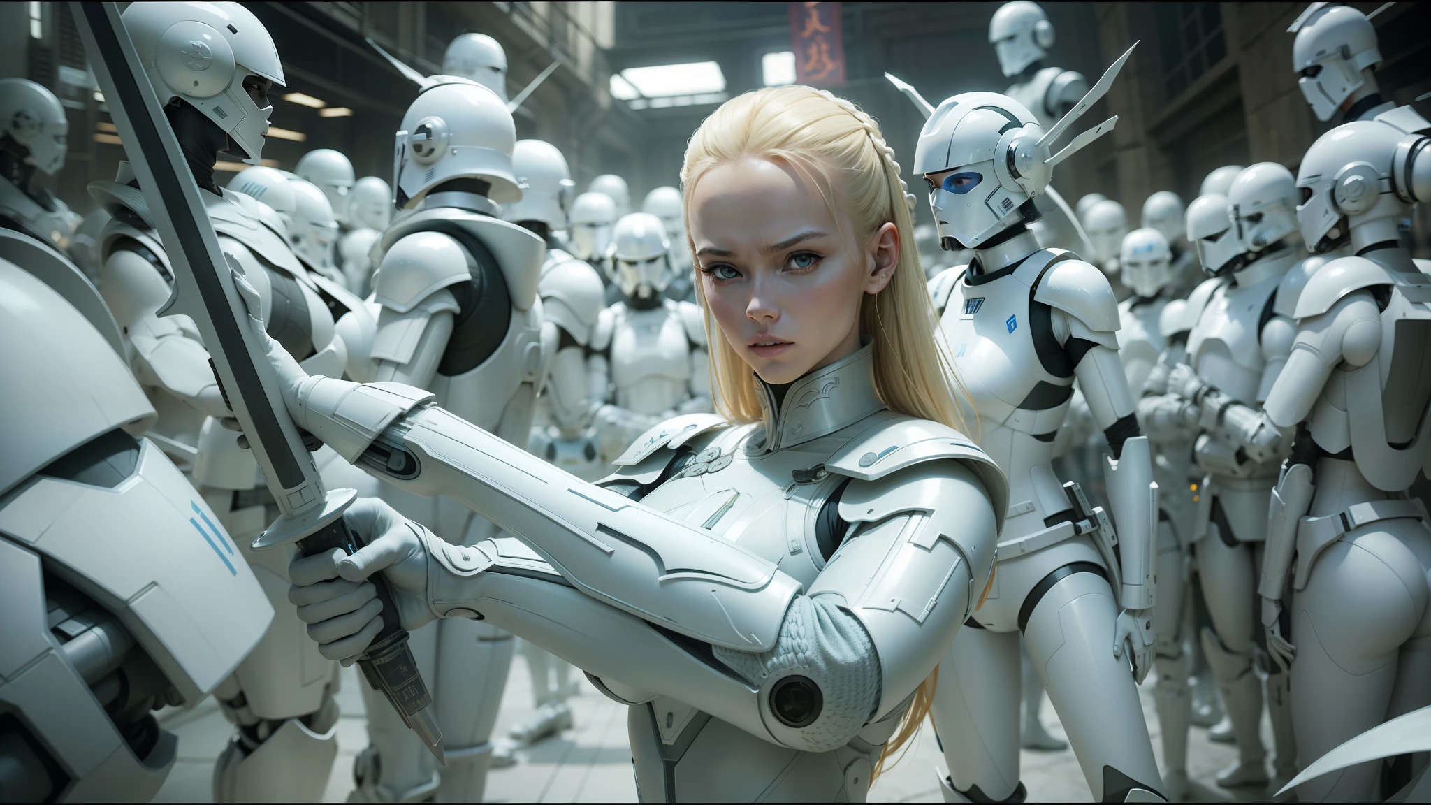 blond woman in futuristic suit holding sword in front of a large group of white robots, die antwoord music video, inspired by James C. Christensen, white porcelain skin, film still from star wars, by Władysław Podkowiński, alex grey and romero ressendi, charlize, screengrab, wuxia --ar 16:9 --auto --s2