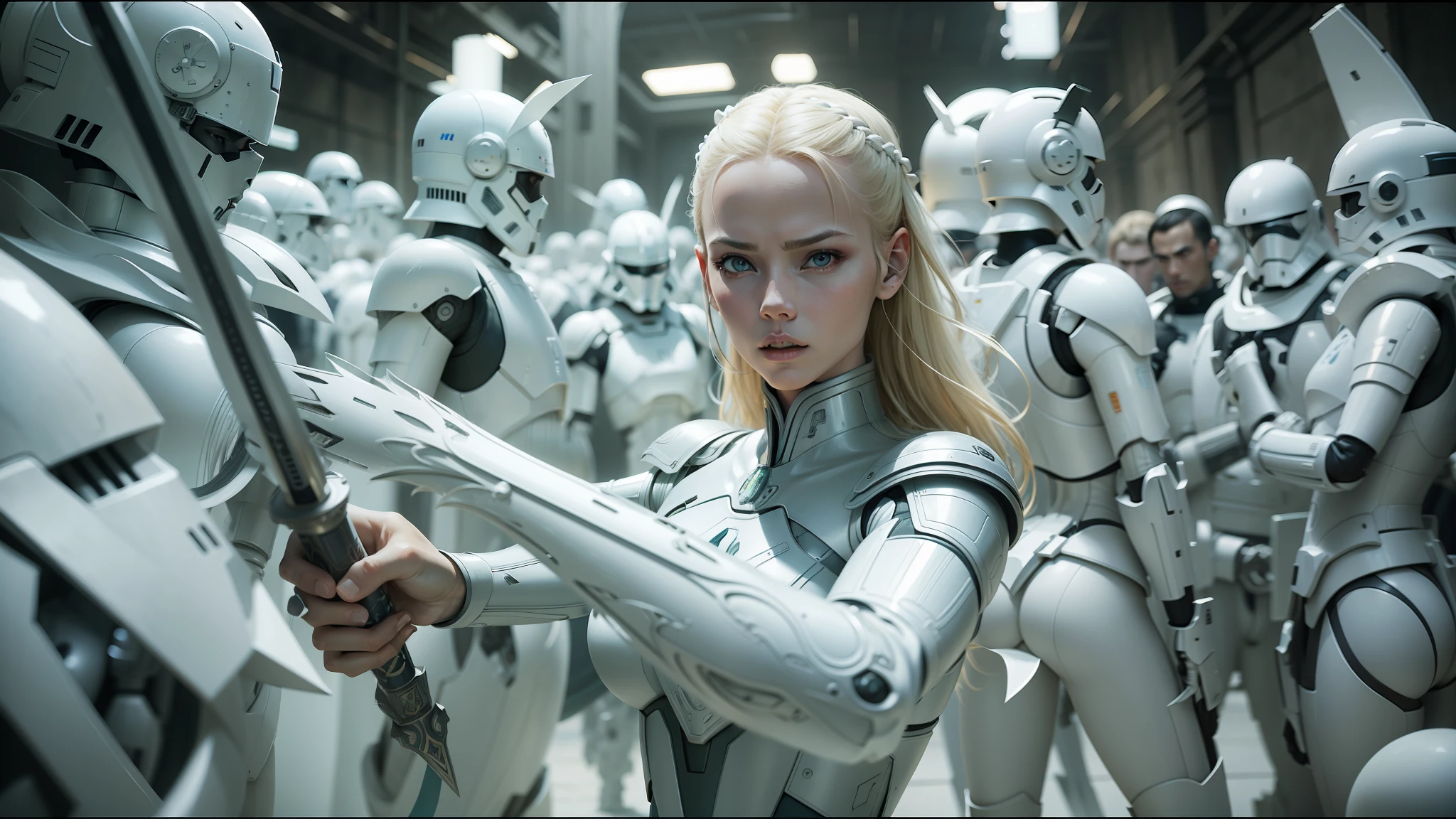 blond woman in futuristic suit holding sword in front of a large group of white robots, die antwoord music video, inspired by James C. Christensen, white porcelain skin, film still from star wars, by Władysław Podkowiński, alex grey and romero ressendi, charlize, screengrab, wuxia --ar 16:9 --auto --s2