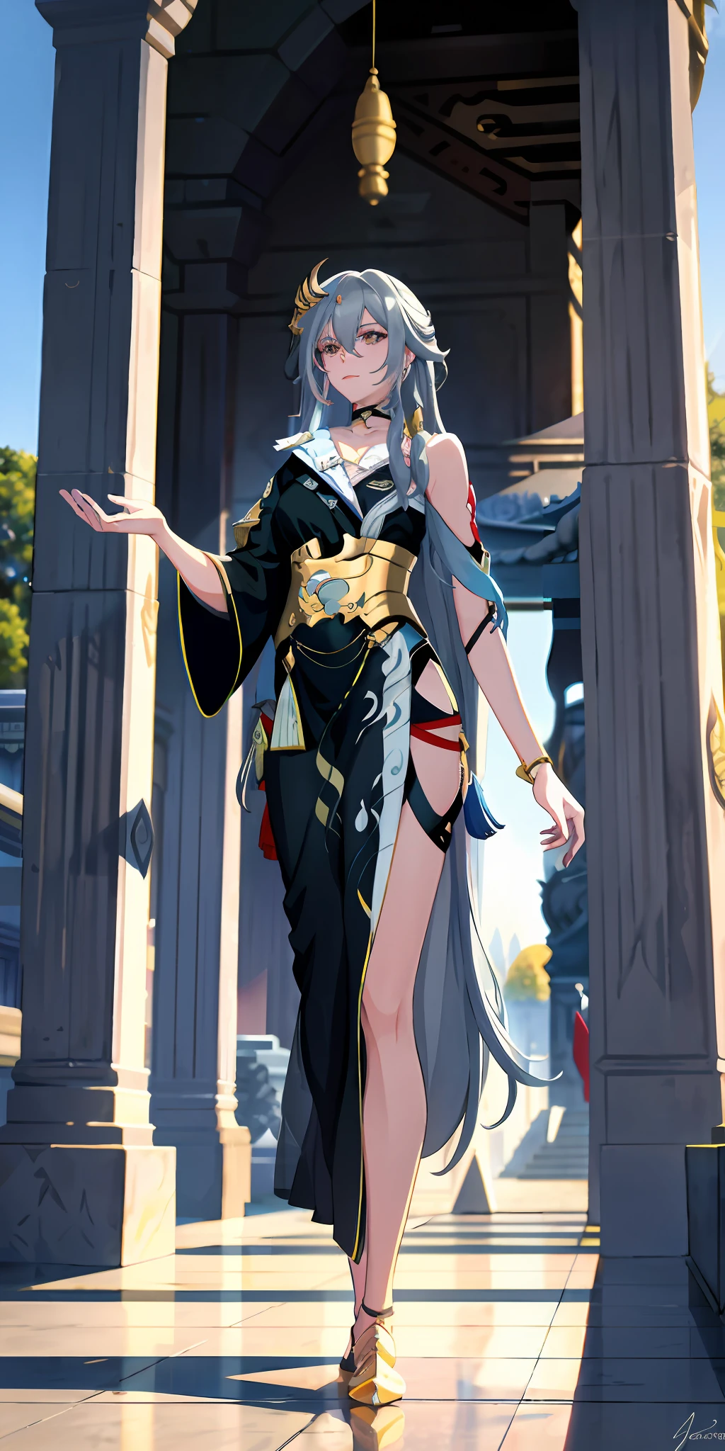 Tall beautiful woman with long bluish gray hair in a temple
