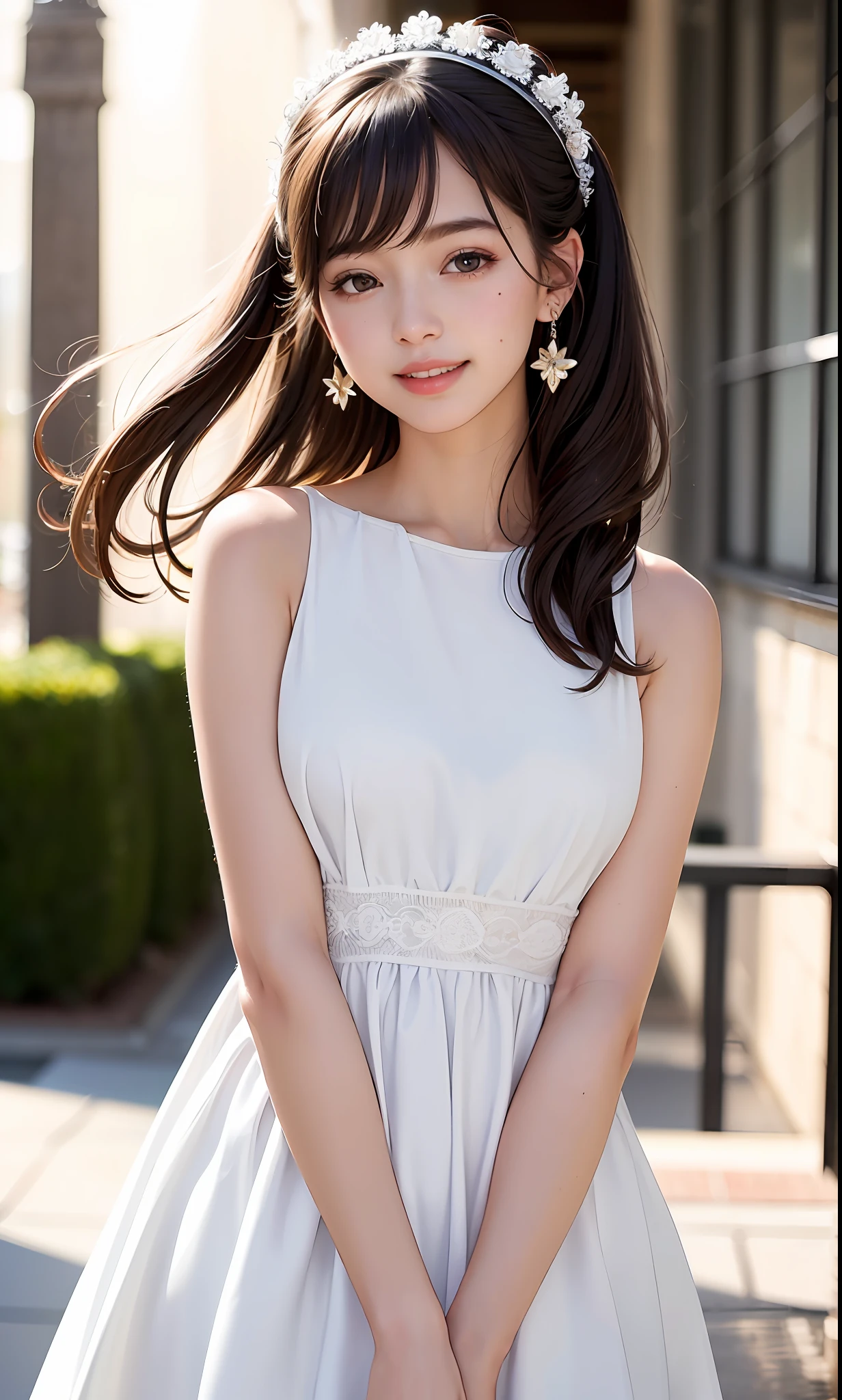 (8k, RAW photos, best quality, High resolution: 1.1), (surreal: 1.4), (realistic, realistic: 1.3), soft light, girl, realistic face, realistic body, realistic skin, absurd, masterpiece, (cute: 1.8), cute, solo, (: 1.2), detailed black eyes, innocent eyes, blush, violinist, (white long dress: 1.2), movie lights, film grains, jewelry, earrings, ((medium hair: 1.1)), (floating hair nova frog style)), cherry lips, headband, hair bow, ponytail, viewer, long hair, open lips, upper teeth, (smiling eyes: 0.6 ), ((grin: 1.2)), depth of field, blurred background, eye focus, bokeh, youth, 85mm lens, f/1.4, professional lighting, youth, photon mapping, radiosity, physically based rendering, braless