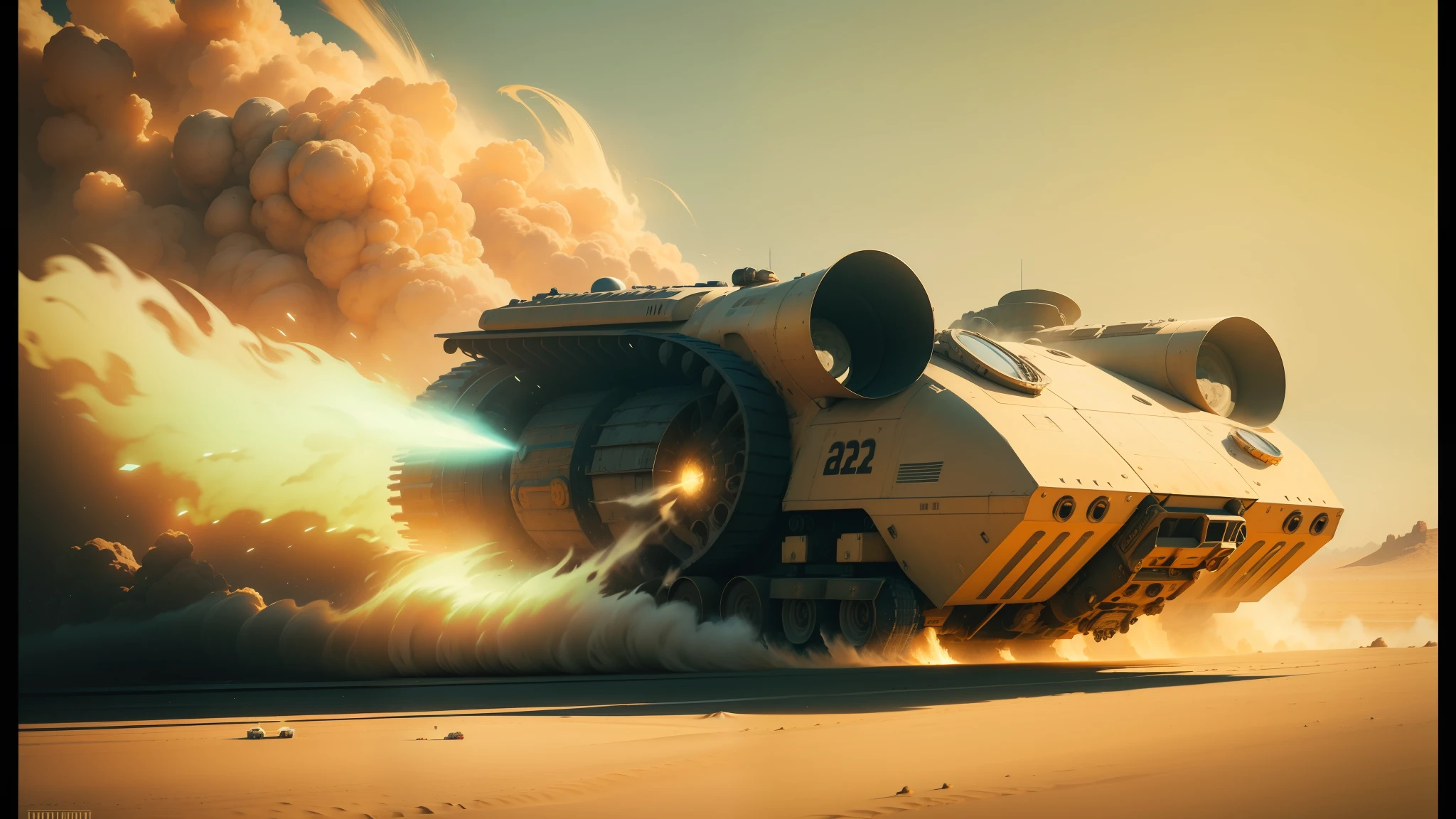 there is a large vehicle that is driving through the desert, in an arena in movie dune-2021, dribbble, spaceship exploding, hyperealistic photo, broken machinery, mechanical owl, 21:9, locomotive, anamorphic, blazing engines, exploding into dust, brom redshift, kit bash, credit esa, photo of, by mads berg --ar 16:9 --auto --s2