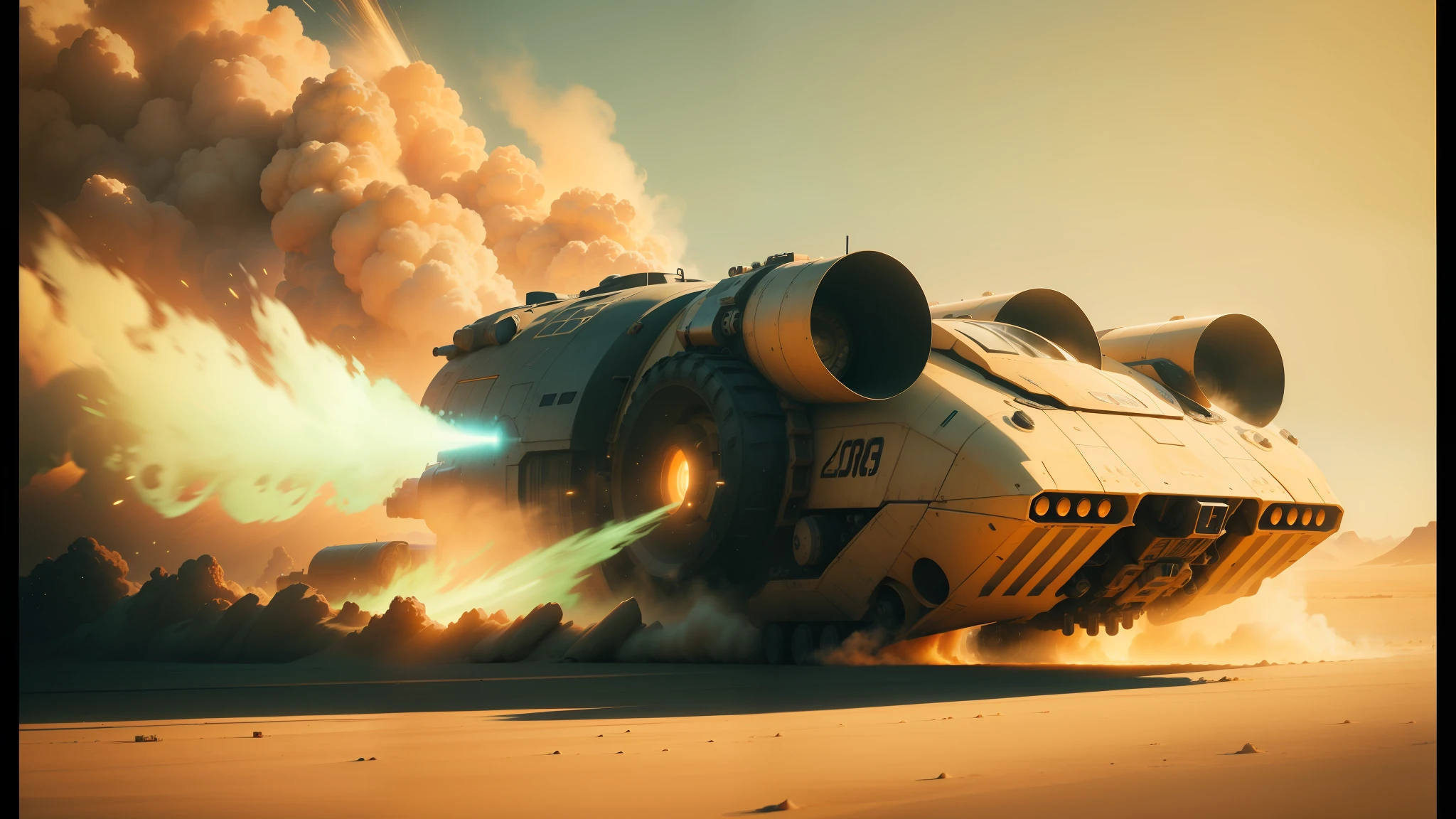there is a large vehicle that is driving through the desert, in an arena in movie dune-2021, dribbble, spaceship exploding, hyperealistic photo, broken machinery, mechanical owl, 21:9, locomotive, anamorphic, blazing engines, exploding into dust, brom redshift, kit bash, credit esa, photo of, by mads berg --ar 16:9 --auto --s2