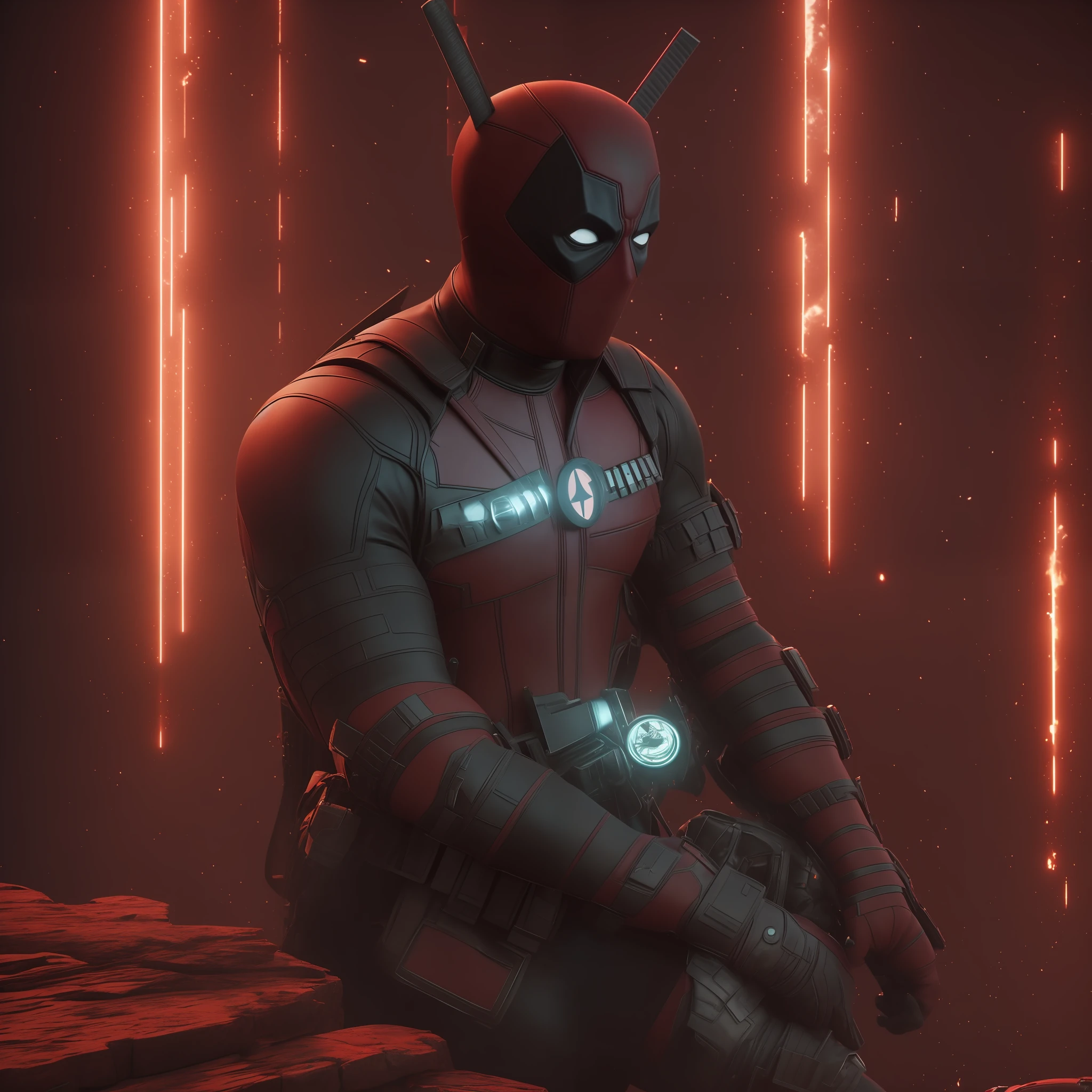Deadpool sitting on edge of lighthouse, Human Angels fighting, Satan Demons in night sky, (Gods,Demons:1.3), watching battle between angels and demons, angel versus devil, battle between good and evil, jesus christ fighting lucifer, devil versus angel, eros and thanatos, observing, midnight, (dark ambient1.3), on a lighthouse, midnight, dark concept art, 3d digital art, unreal engine. film still, epic cinematic shot, ryan reynolds dead pool, cinematic shot!, great composition cinematic, detailed cinematic shot, spectacular cinematic scene, ( ( unreal engine ) ), shot from cinematic, epic cinematic still, deadpool, realistic cinematic shot, cinematic movie shot, unreal engine cinematic --auto --s2