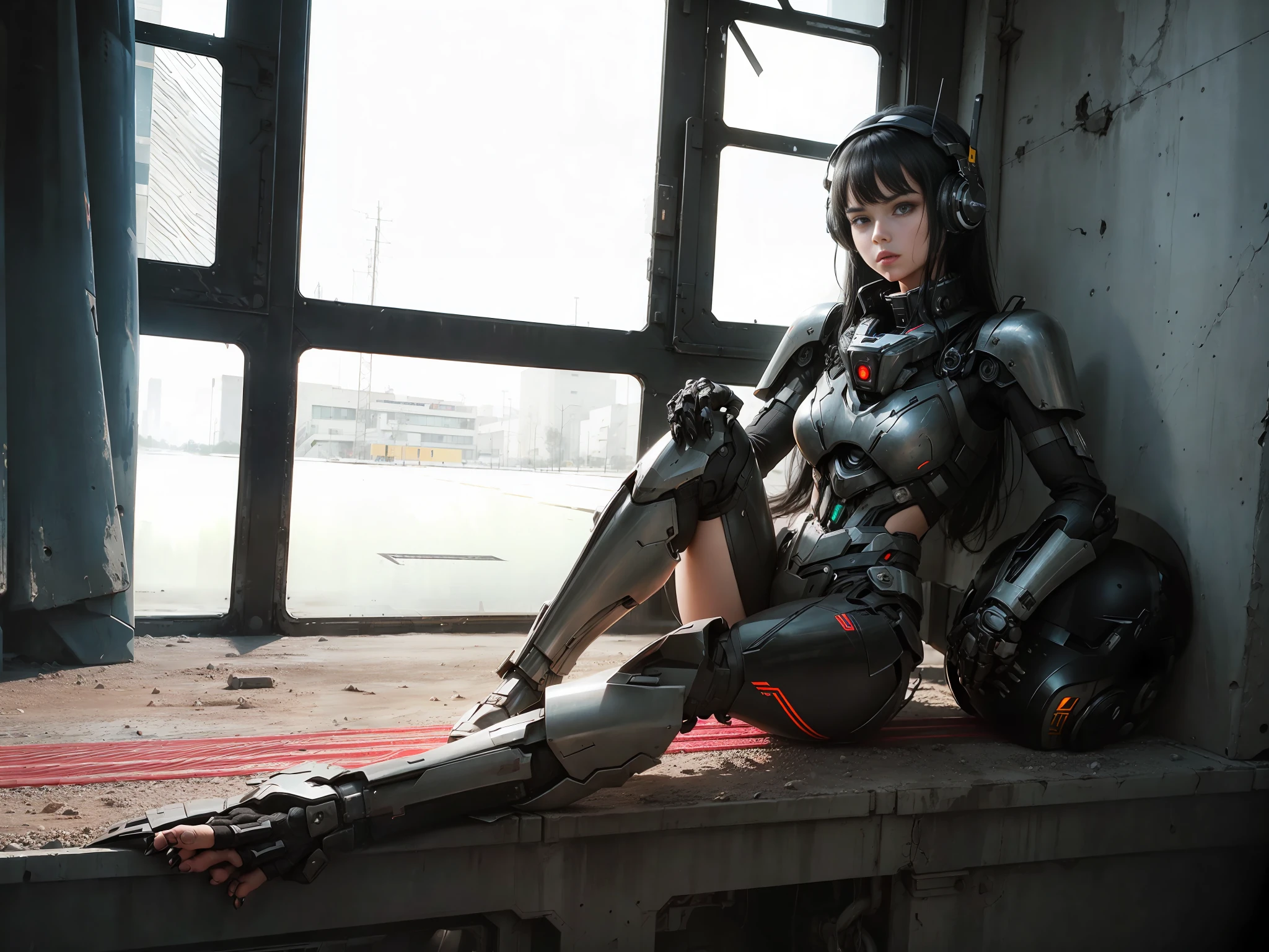 A girl, face, black hair, face facing the audience, wearing mecha, machine armor, tech helmet earmuffs, metal, protruding parts, neck connected by machine levers, complex machine structure and parts, perfect fingers, perfect toes, metal texture, battle damage, sense of technology, strong contrast lighting, technology sense background, background paste HD, transformer style, 8K, realism,