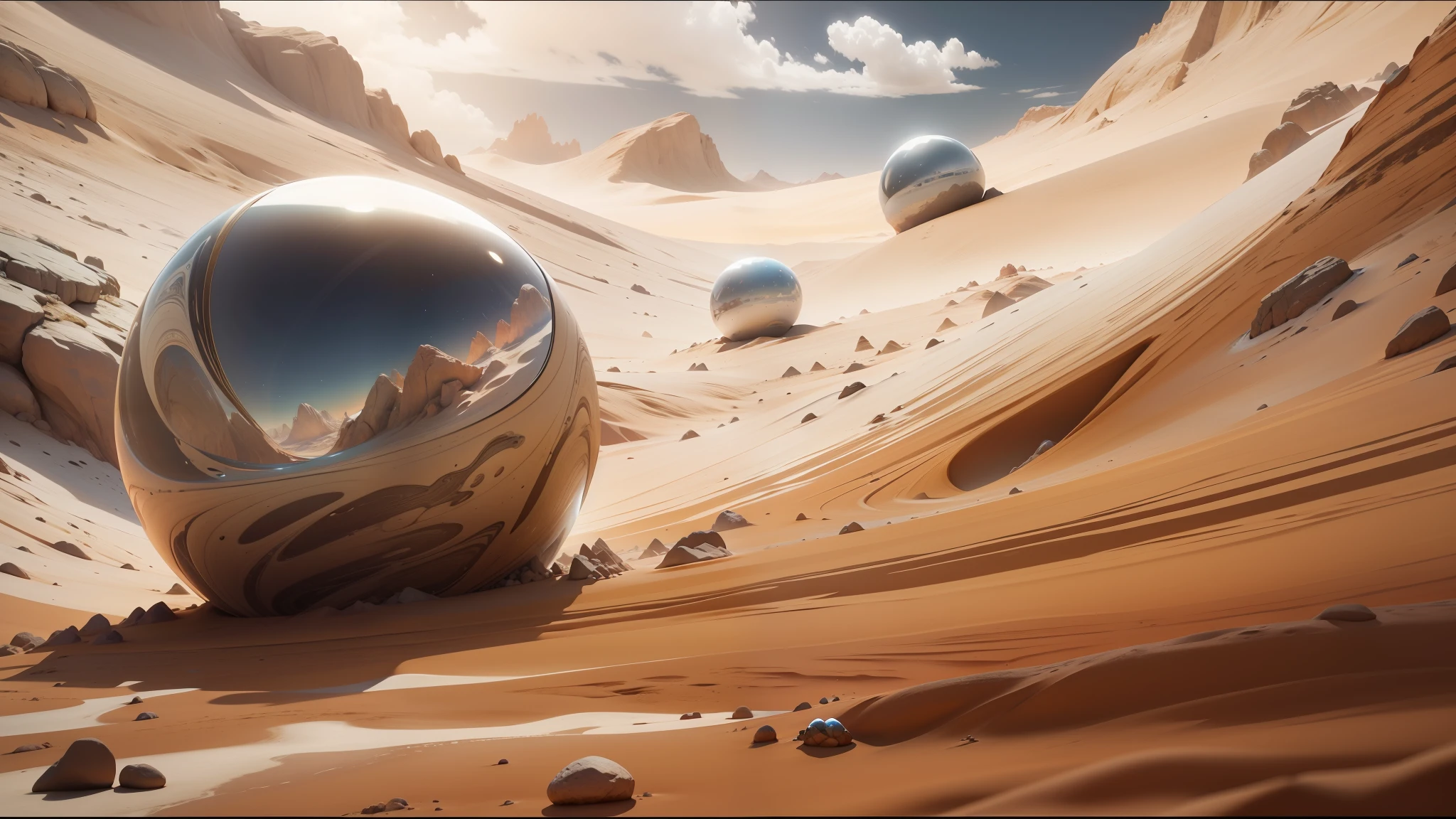 there is a glass ball sitting on a rock in a desert, redshift houdini, polished : :, dune movie, still from a music video, by Stanley Twardowicz, fractal amalgamation, from a 2 0 1 9 sci fi 8 k movie, 8k stunning artwork, liquid metal, illustration 8 k, floating rocks, tooth wu : : quixel megascans --auto --s2