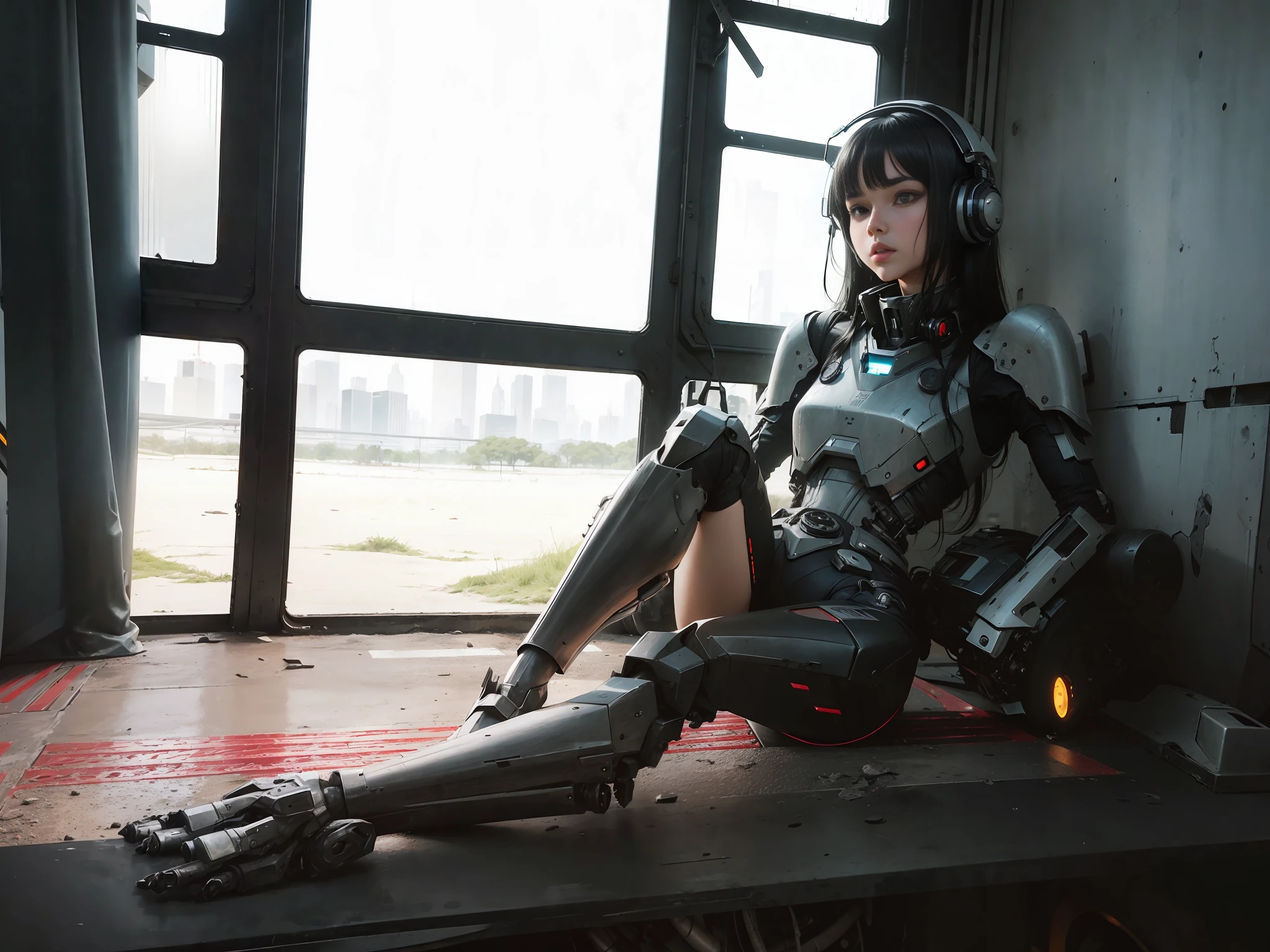 A girl, face, black hair, face facing the audience, wearing mecha, machine armor, tech helmet earmuffs, metal, parts protruding, neck connected by machine levers, complex machine structure and parts, metal texture, battle damage, sense of technology, strong contrast lighting, technology sense background, background paste HD, Transformer style, 8K, realism,