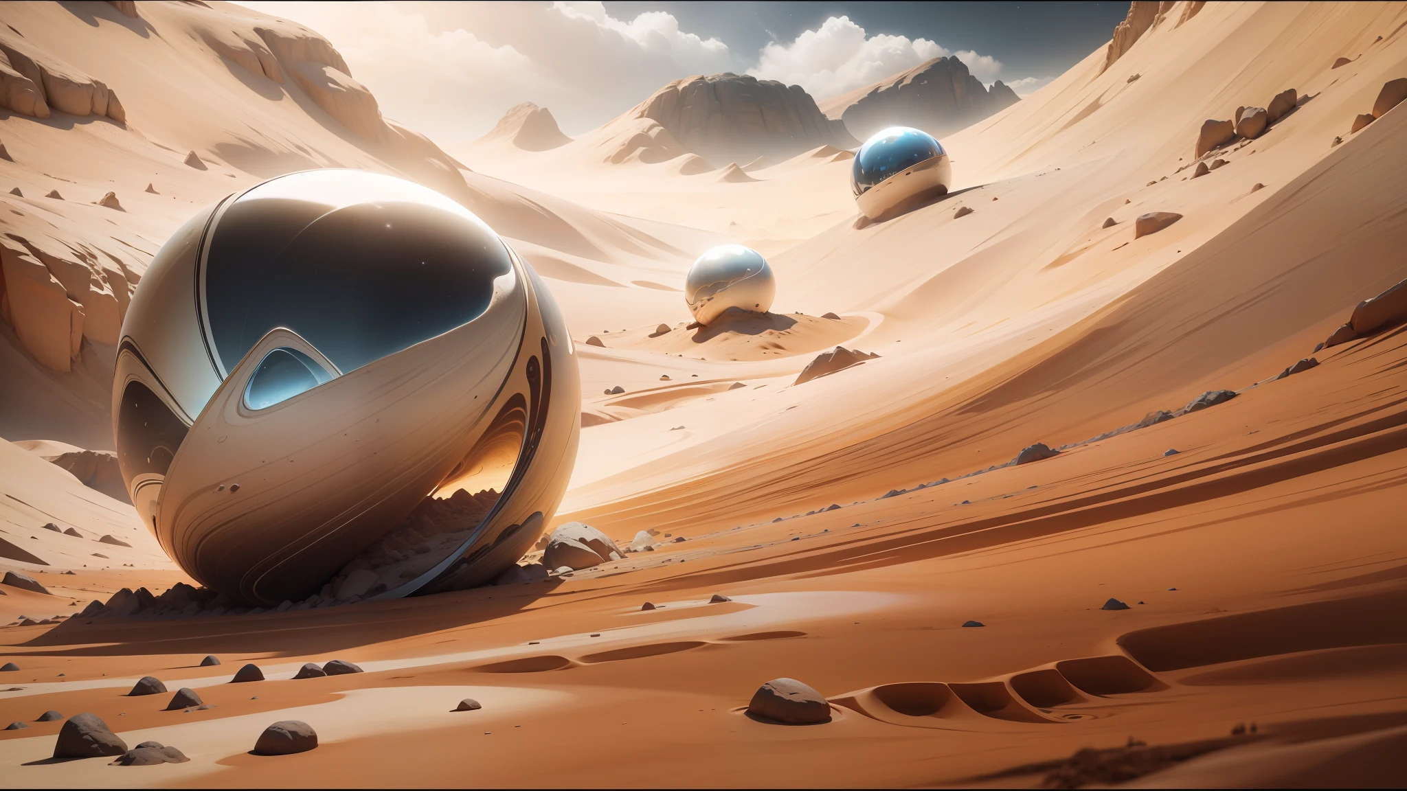 there is a glass ball sitting on a rock in a desert, redshift houdini, polished : :, dune movie, still from a music video, by Stanley Twardowicz, fractal amalgamation, from a 2 0 1 9 sci fi 8 k movie, 8k stunning artwork, liquid metal, illustration 8 k, floating rocks, tooth wu : : quixel megascans --auto --s2
