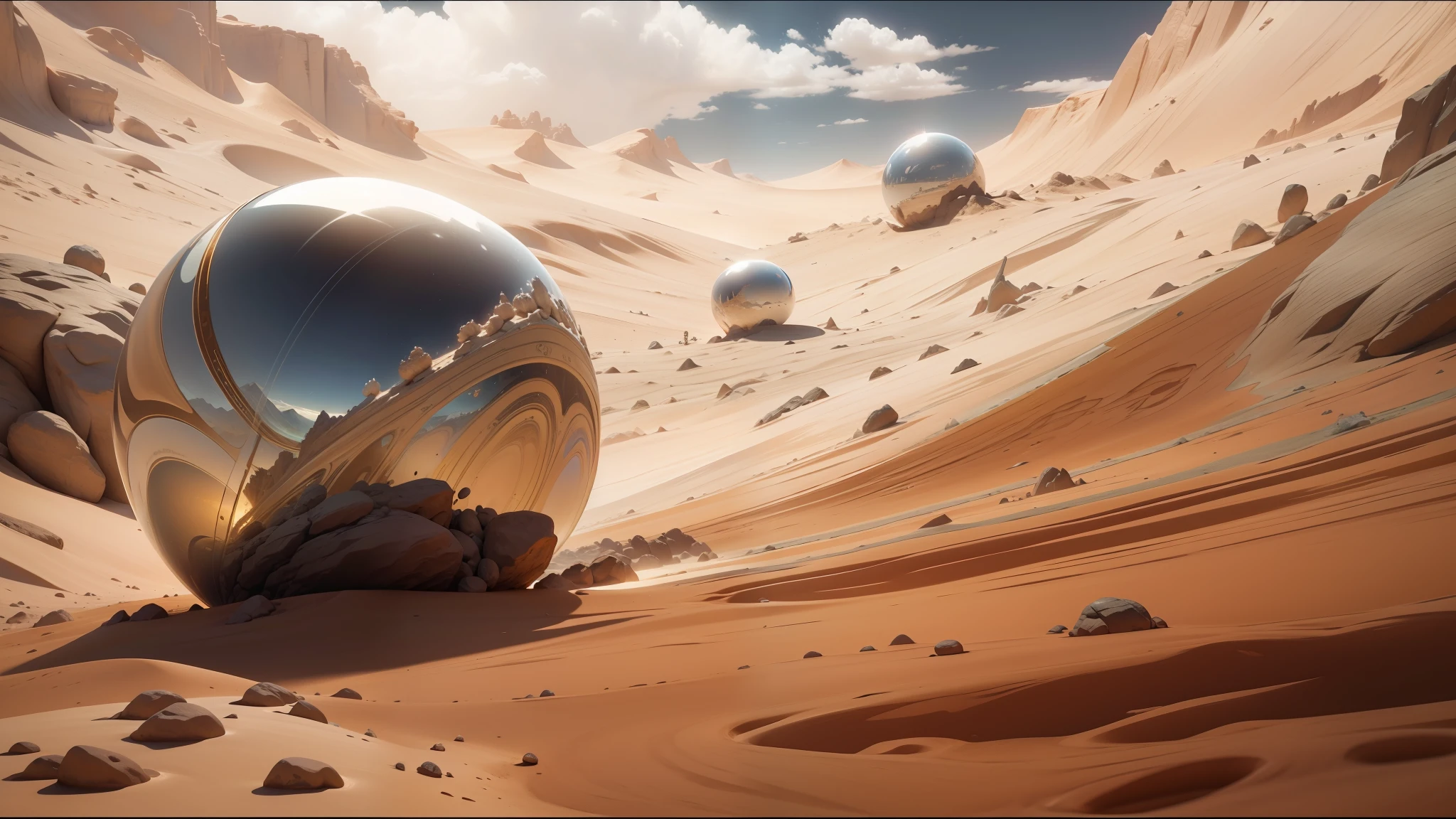 there is a glass ball sitting on a rock in a desert, redshift houdini, polished : :, dune movie, still from a music video, by Stanley Twardowicz, fractal amalgamation, from a 2 0 1 9 sci fi 8 k movie, 8k stunning artwork, liquid metal, illustration 8 k, floating rocks, tooth wu : : quixel megascans --auto --s2