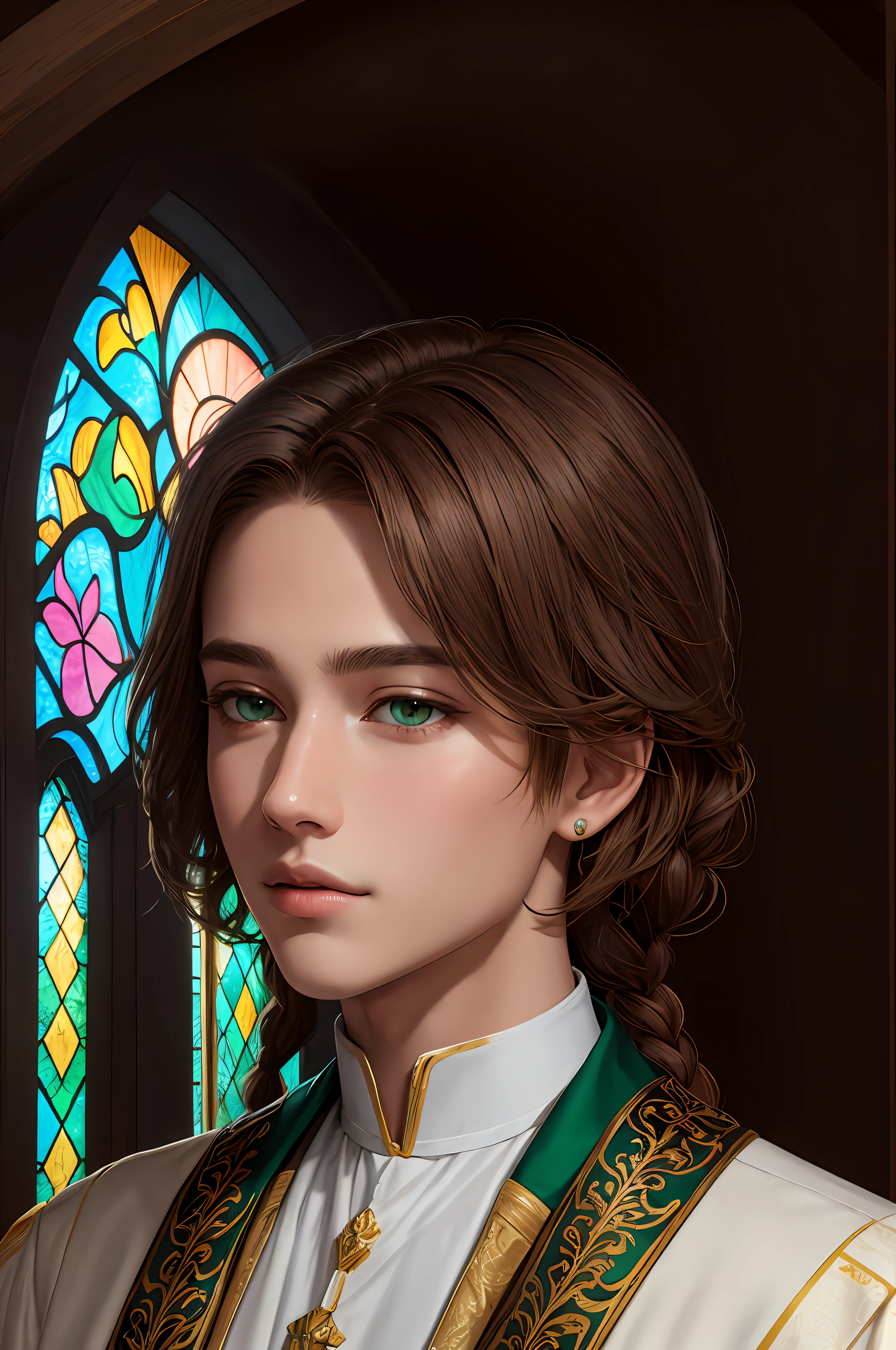 (Masterpiece, Top Quality, Best Quality, Official Art, Beauty and Aesthetics: 1.2), (Praying Male Priest: 1.3), (A Male White: 2.2), (Sepia Uniform: 1.3), BREAK Stained Glass Art, Stained Glass, Lead Line, Light Transmittance BREAK Bright colors, complex design, luminous effect, spiritual atmosphere, very realistic face, detailed nose, detailed lips, detailed eyes, brown messy short hair, short twisted braids, green eyes, men, male