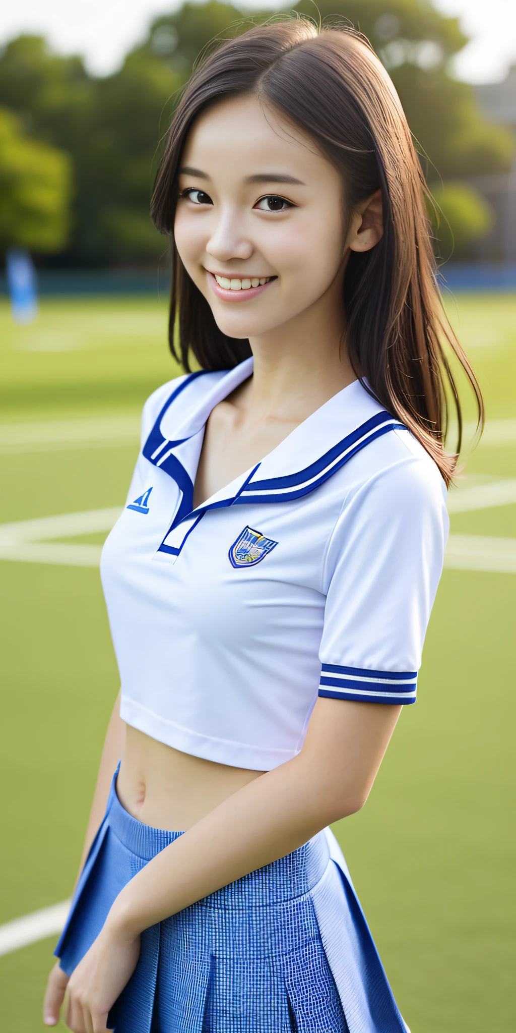 neat college girl, ite, (school uniform, summer clothes, short sleeves), outside the athletic field, (slim), photorealistic, detail, skin texture, ultra detail, delicate and sexy collarbone, smile, super detailed face, detailed lips, detailed eyes, breast emphasis