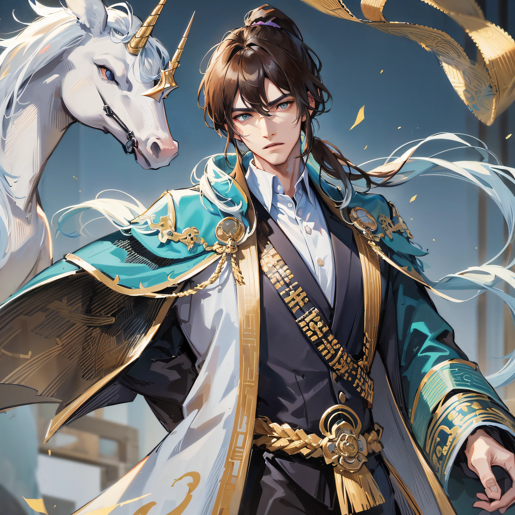 Masterpiece, Excellent, Daytime, 1 person, mature man, dynamic pose, Chinese style, ancient Chinese, Chinese court, eagle, turquoise brown hair, gray-blue eyes, split ends, long hair, long bangs, ponytail, handsome, handsome, masculine, serious, gentle, tall, quiet, light blue, unicorn, prince, fan