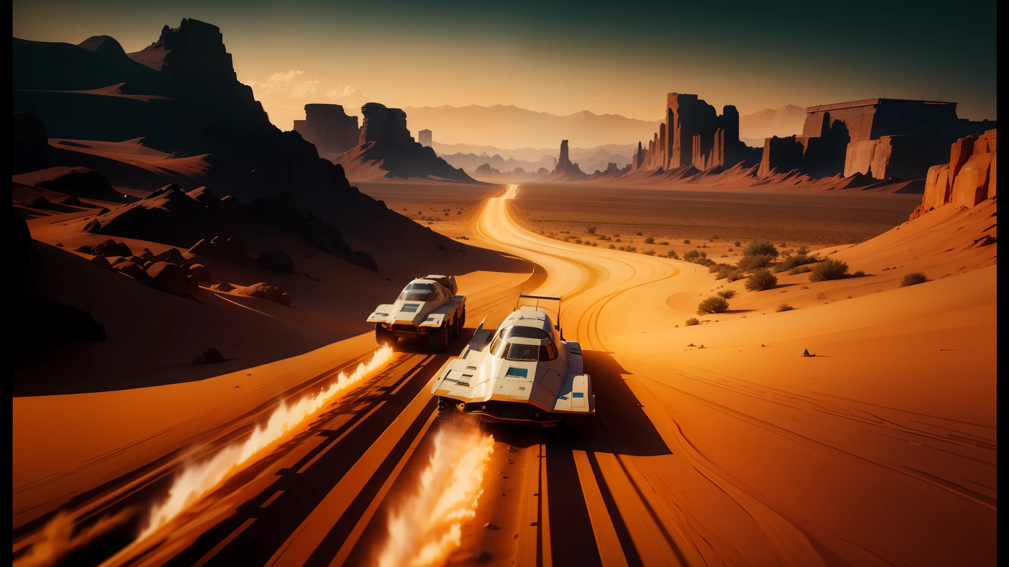 spaceships flying over a desert landscape with a desert landscape in the background, promotional movie still, from netflix's arcane, retro spaceships parked outside, by Werner Tübke, all roads lead to rome, light speed, by Vladimír Vašíček, passengers, h 8 0 0, from a 2 0 1 9 sci fi 8 k movie --ar 16:9 --auto --s2