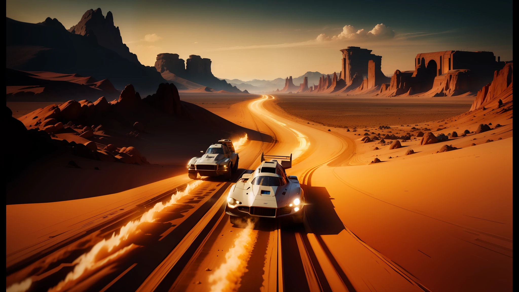 spaceships flying over a desert landscape with a desert landscape in the background, promotional movie still, from netflix's arcane, retro spaceships parked outside, by Werner Tübke, all roads lead to rome, light speed, by Vladimír Vašíček, passengers, h 8 0 0, from a 2 0 1 9 sci fi 8 k movie --ar 16:9 --auto --s2