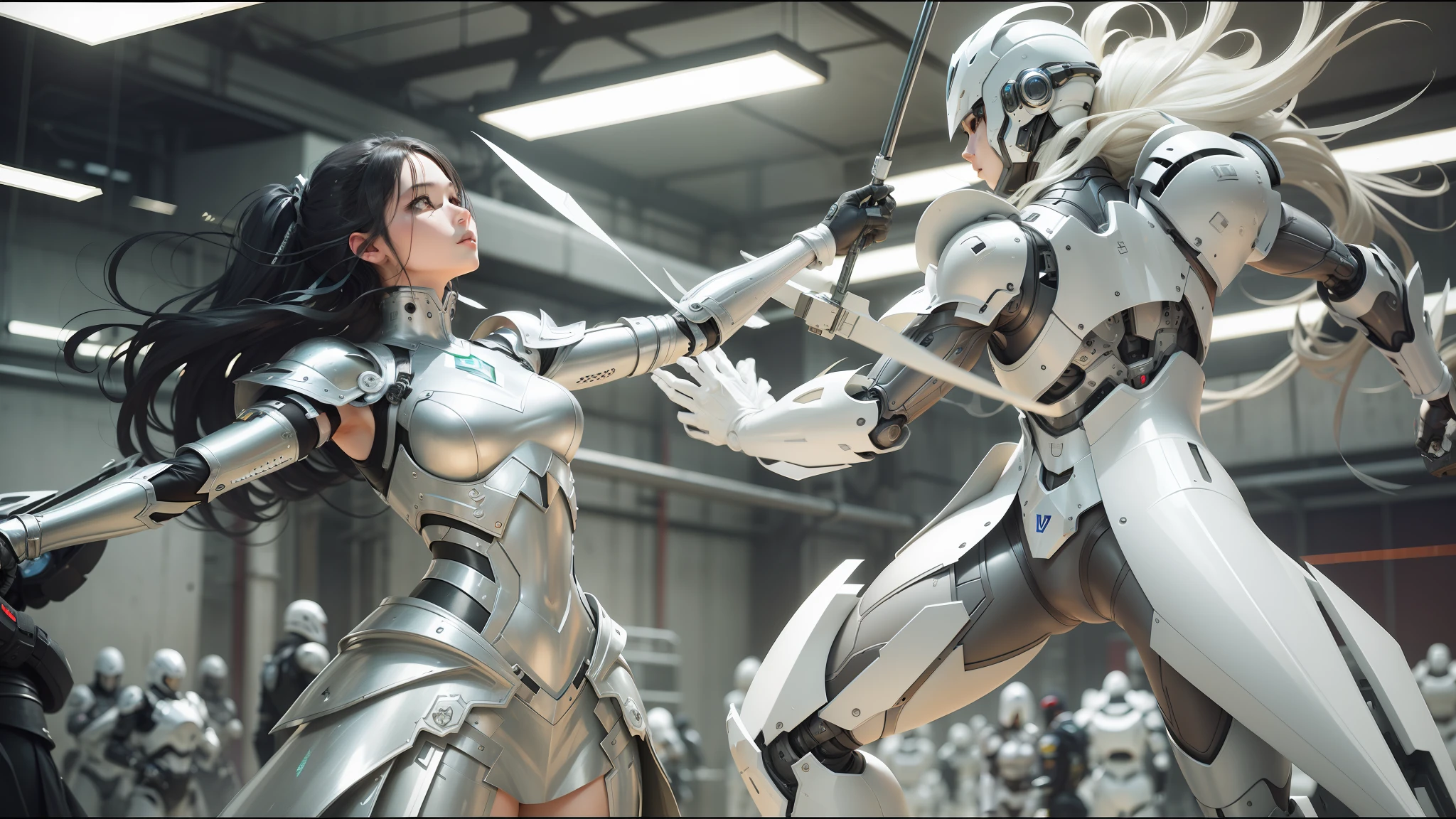 araffes in a factory with a robot and a woman, clothed in ethereal battle armor, creative vfx, silver,ivory, by Wang Duo, by Louis Mathieu Verdilhan, fighting each other, silver and cool colors, clothes made out of flower, chrome outfit, computer graphics, gloss, metal gears, cgsociety saturated colors, fencing --ar 16:9 --auto --s2