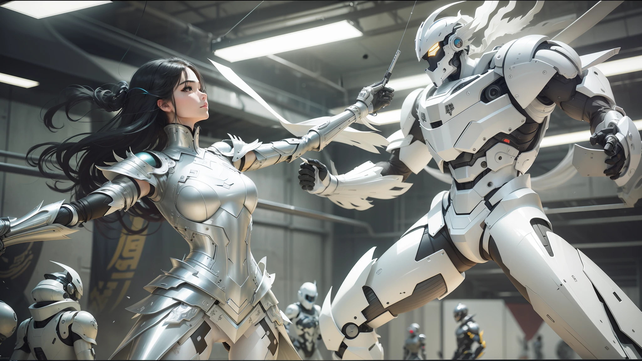 araffes in a factory with a robot and a woman, clothed in ethereal battle armor, creative vfx, silver,ivory, by Wang Duo, by Louis Mathieu Verdilhan, fighting each other, silver and cool colors, clothes made out of flower, chrome outfit, computer graphics, gloss, metal gears, cgsociety saturated colors, fencing --ar 16:9 --auto --s2