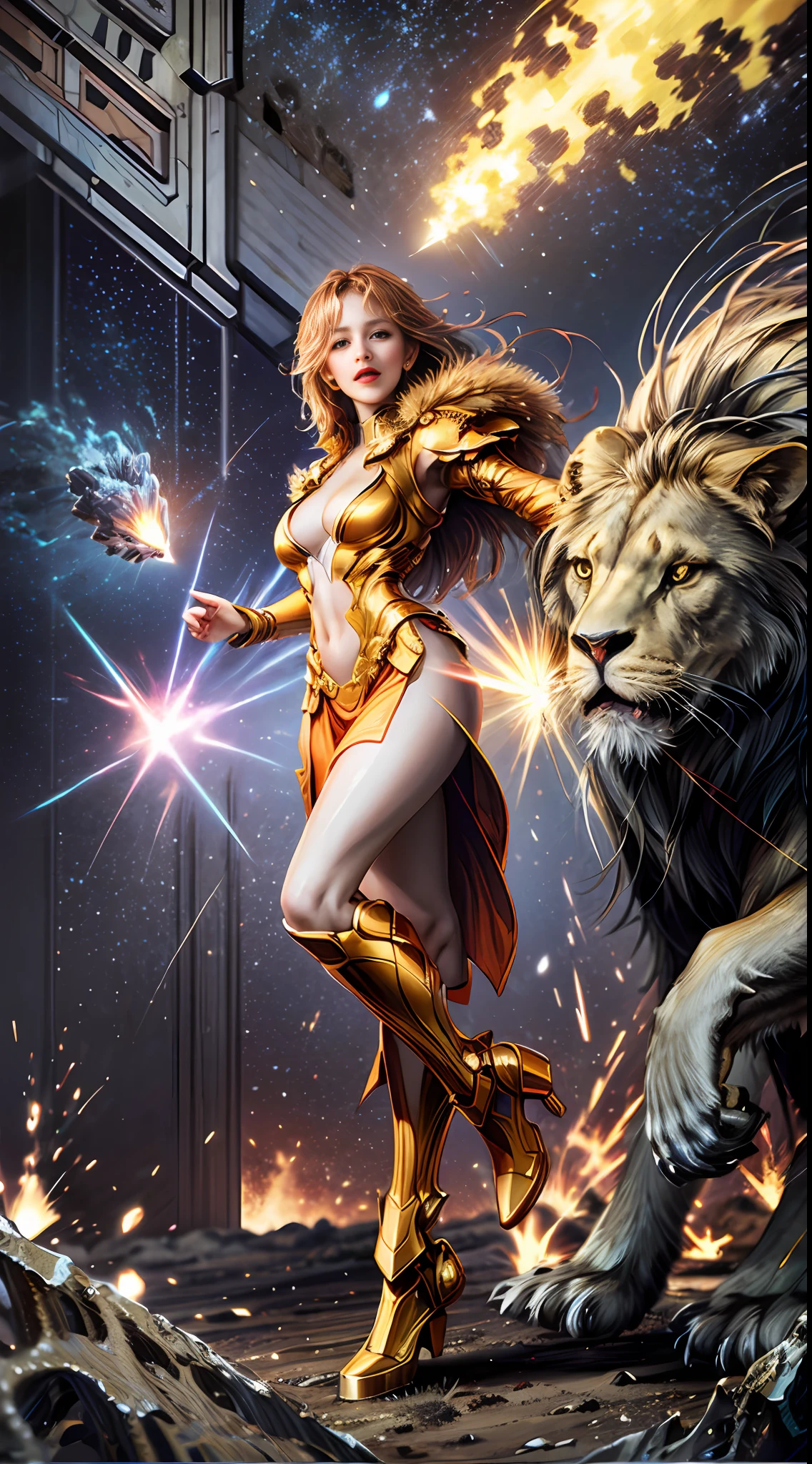 Full body lion woman dynamic fractal in ultra-detailed movement, flames, lighting, mecha,nebula, space background, ray light, ray tracing, super sharp, super realistic, super sharp, explosion shot, canon 6D MARK III, ISO 100, f/7.5, 1/2000s, ultra-realistic photography, --ar 9:16 --style original 50 --s 2