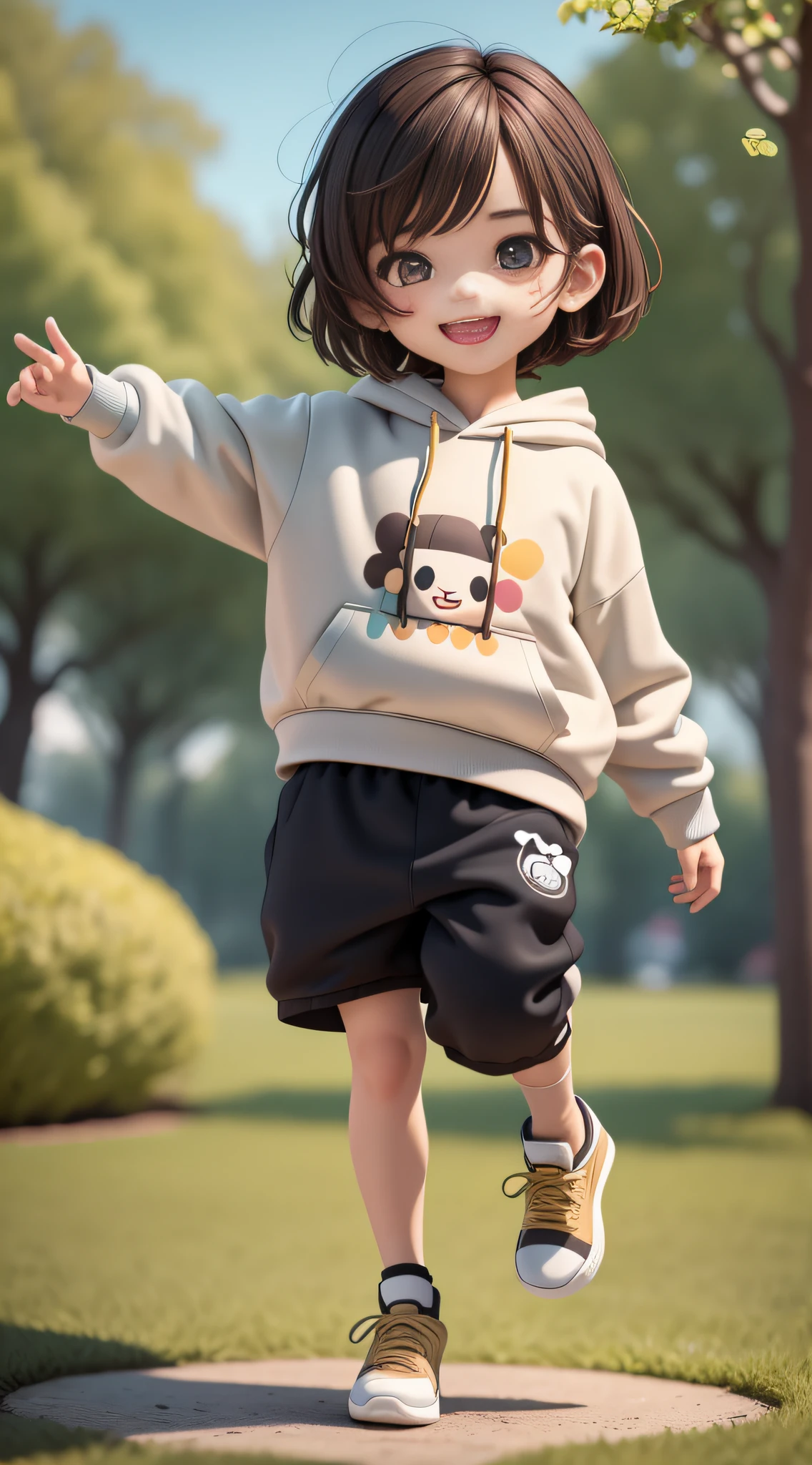 (masterpiece),(best quality),(ultra-detailed), (full body:1.2), a boy, chibi, cute, smile, open mouth, outdoors, dancing, dancing hip hop, jumping pose, hoodie, blush, tree, :3, shirt, short hair, brown hair, blush stripes stickers, long sleeves, black hair, sneakers, pants, (beautiful detailed face), (beautiful detailed eyes),