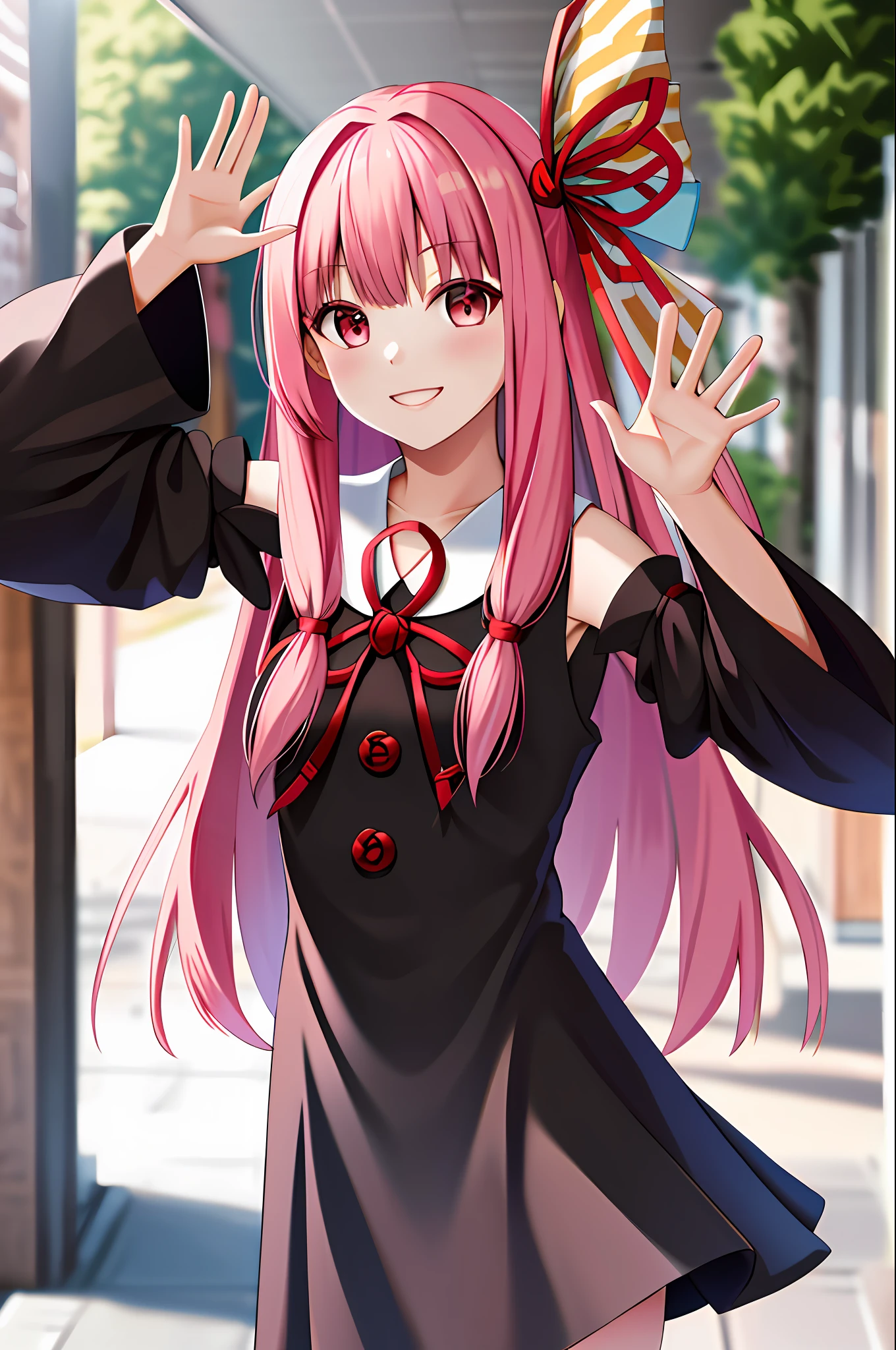 masterpiece, best quality, highres, ka1, pink hair, hair ribbon, black dress, detached sleeves, outdoors, smile, waving,