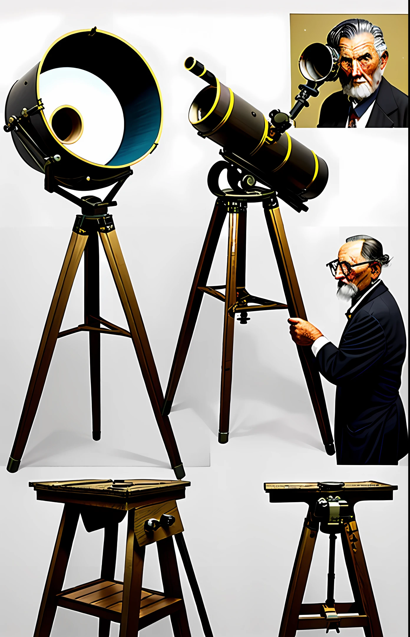 Create a lugo, oldfashion-style, based on a 70-year-old amateur astronomer and his homemade telescope