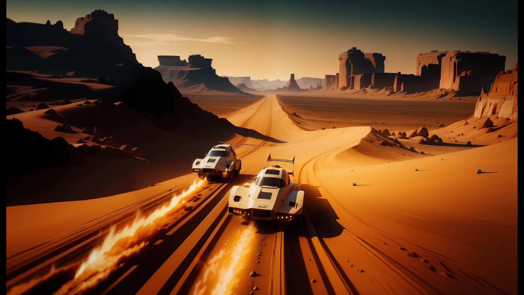 spaceships flying over a desert landscape with a desert landscape in the background, promotional movie still, from netflix's arcane, retro spaceships parked outside, by Werner Tübke, all roads lead to rome, light speed, by Vladimír Vašíček, passengers, h 8 0 0, from a 2 0 1 9 sci fi 8 k movie --ar 16:9 --auto --s2