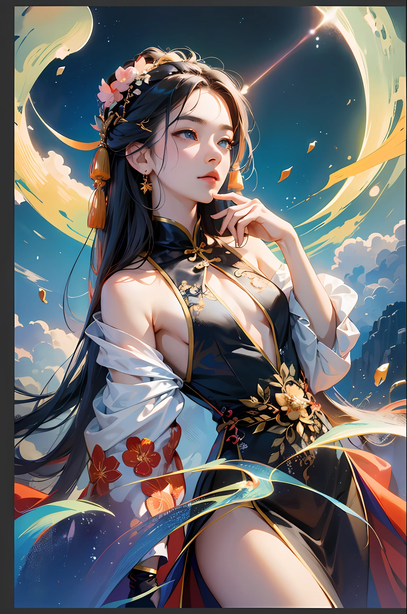 (8k image, RAW:1.2),Best quality, Ultra high resolution,Stunning angles,(Splash of color with swaying details), (Illustration),(((1 man)))),(Long hair), (Hair accessory:1.4),Chinese dress,(Bare chest),Clear ink coloring,(Thin sketch:0.8) , Masterpiece, Best Quality, Beautiful Paint, High Detail, (Denoising:0.6), [Ink Splash], ((Refraction)), (Beautifully Detailed Skies), moon, high level, detail, (masterpiece, best quality, extreme detail CG Unity wallpaper 8k, masterpiece, best quality, special details),