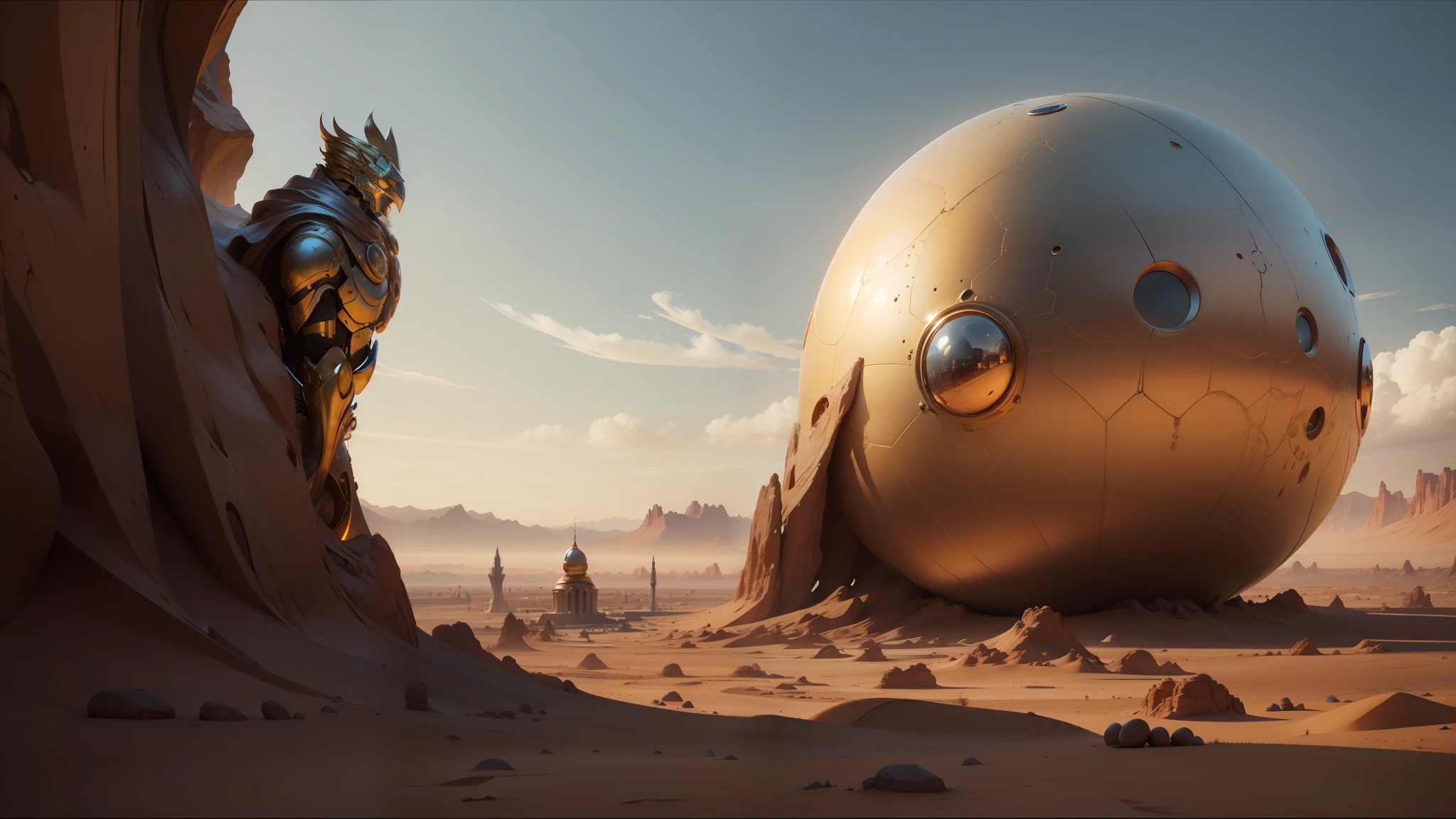 there is a large golden ball in the middle of a desert, jessica rossier color scheme, in the stlye of moebius, cgi 8k, amazing splashscreen artwork, metallic sculpture, from a 2 0 1 9 sci fi 8 k movie, anamorphic lens flares, inspired by Gaston Anglade, nick land, inspired by Moses van Uyttenbroeck --auto --s2