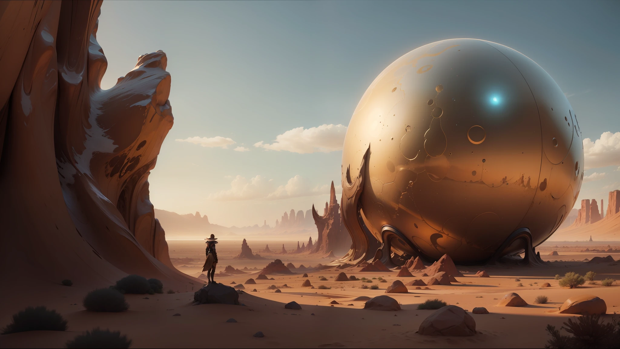 there is a large golden ball in the middle of a desert, jessica rossier color scheme, in the stlye of moebius, cgi 8k, amazing splashscreen artwork, metallic sculpture, from a 2 0 1 9 sci fi 8 k movie, anamorphic lens flares, inspired by Gaston Anglade, nick land, inspired by Moses van Uyttenbroeck --auto --s2