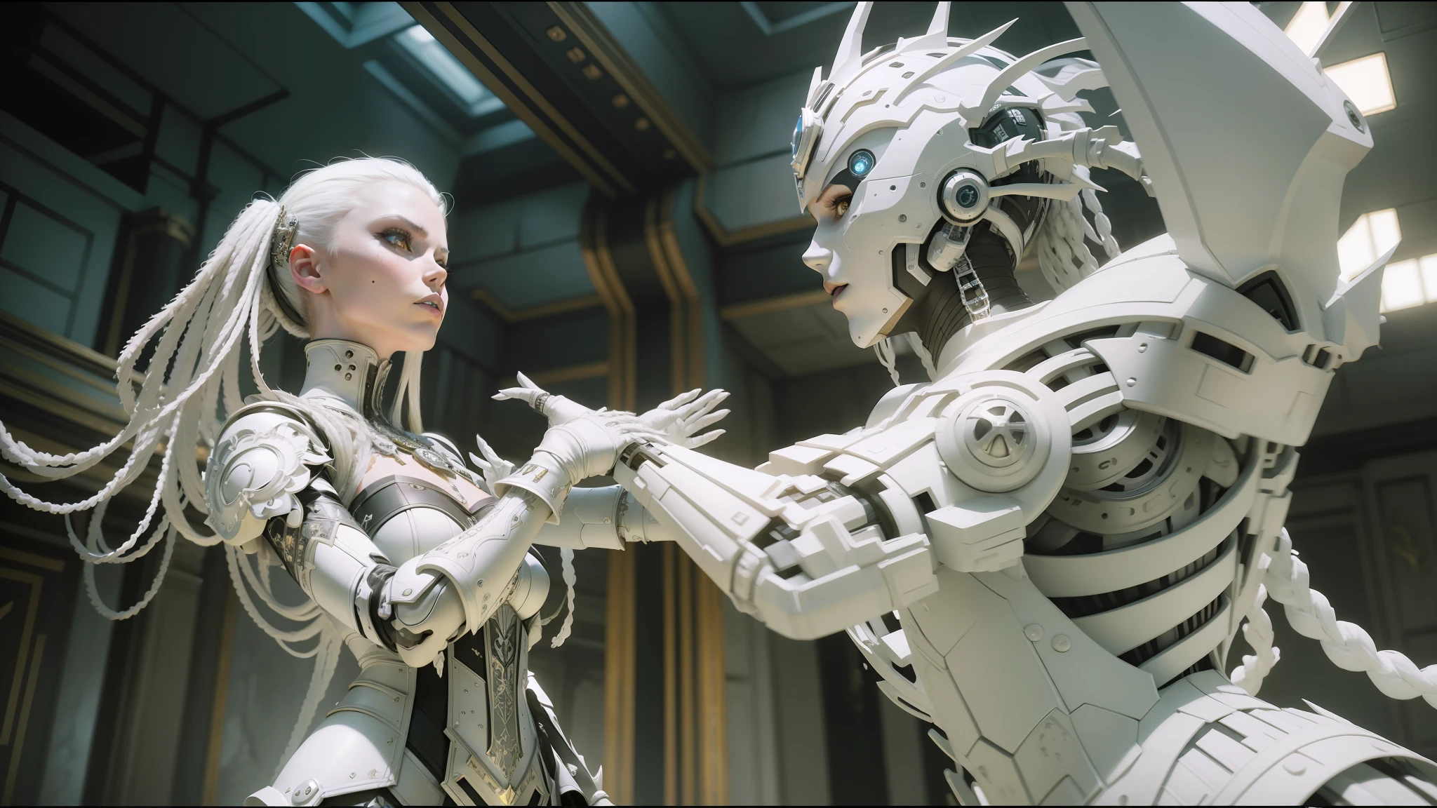 there is a woman that is touching a robot in a building, inspired by Stephan Martinière, jeweled ornate leather armour, die antwoord ( yolandi visser ), still image from the movie, ornate cosplay, astral dress, white biomechanicaldetails, palace dance, terminals, inspired by Richard Randolph Rubenstein, by Tadashi Nakayama, hyperdetailed unreal engine --ar 16:9 --auto --s2