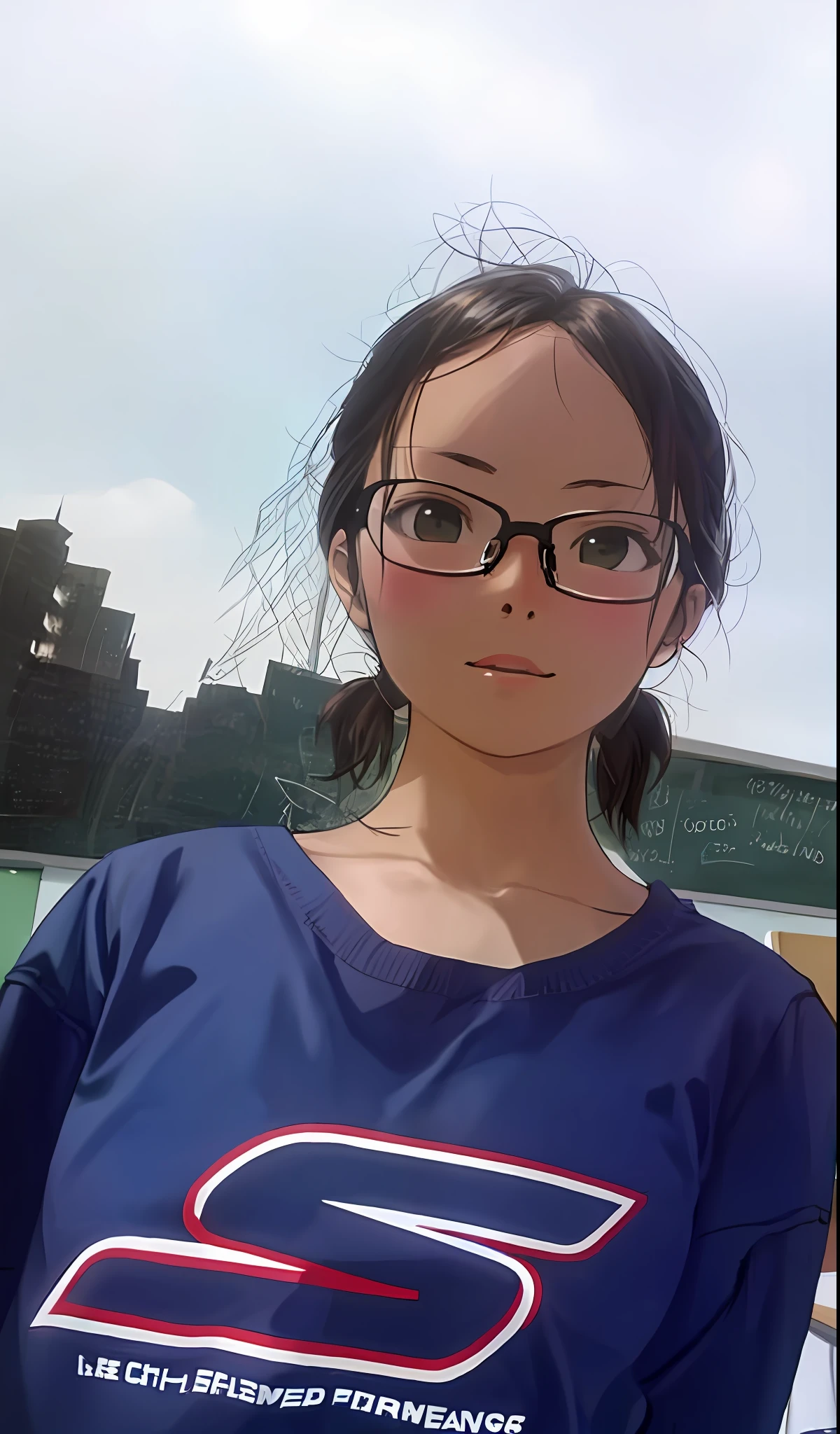 Nude, undressed, glasses, classroom background, poor breasts, flat chest