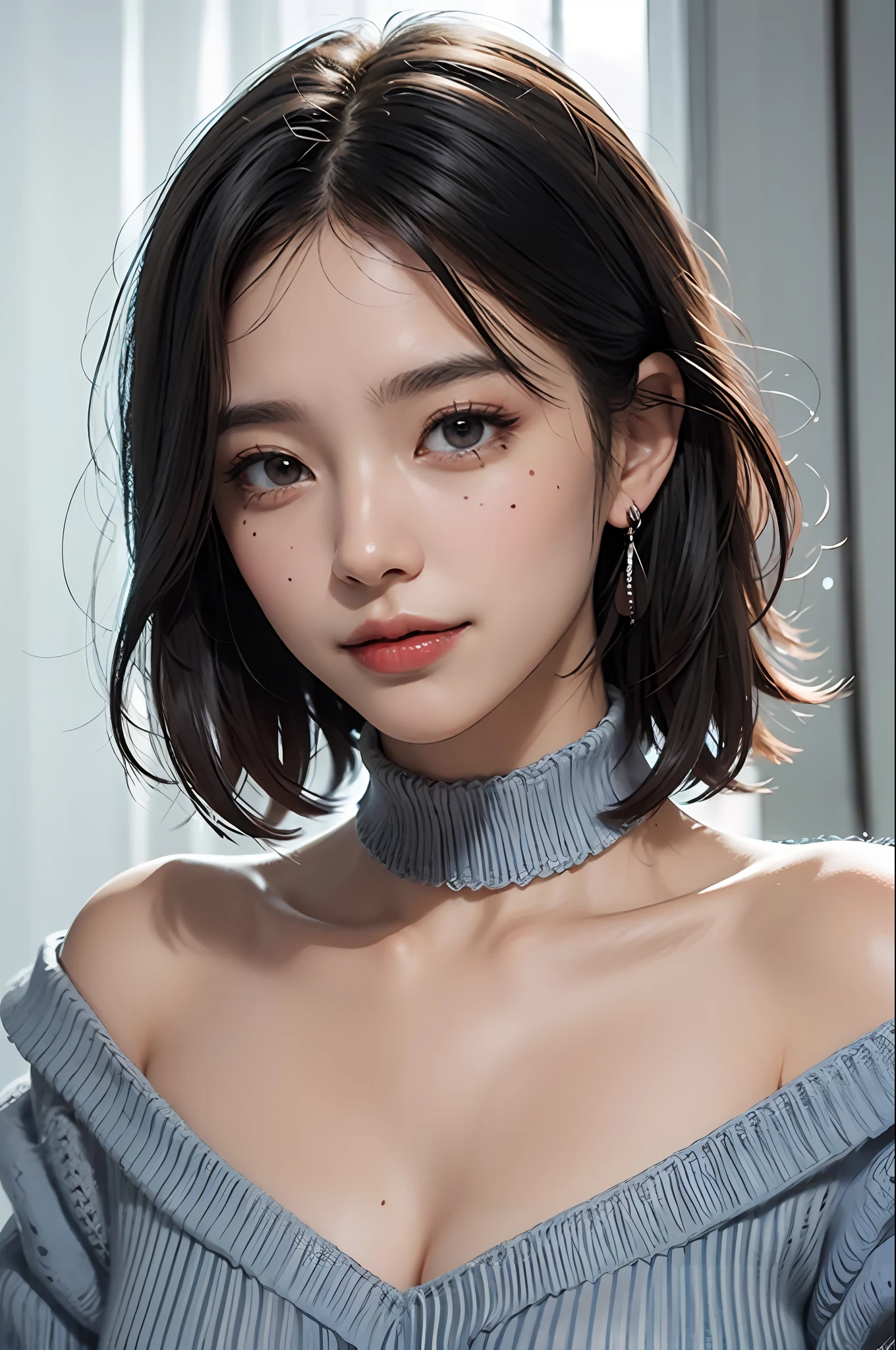 Top Quality, Masterpiece, Ultra High Resolution, Photorealistic, 1 Girl, Off Shoulder, Clavicle, Highlight, Knit, Blue Knit, Red Knit, Smile, Smile, Slightly Visible, oversized_sweater, Soft Lighting, Detailed Skin, Bangs, Black Hair, Transparent Eyes, Short Bob Hair, Transparency, Japan, Korean, Beautiful Woman, Upper Eyes, Lip Gloss, Black choker, teardrops, mole on chest, eye highlight, glitter on eyelids